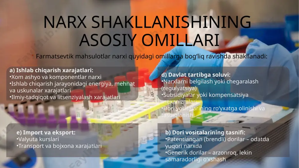 ek, u ishlab chiqaruvchilarni ragʻbatlantirib, sogʻlom raqobat muhitining yaratilishiga katta taʼsir koʻrsatadi. narx siyosati – bu farmatsevtik kompaniya yoki dorixonaning o‘z mahsulotlariga qanday narx qo‘yishini belgilovchi strategiyasi. asosiy narx siyosati turlari: premium narx siyosati: brend dorilarga nisbatan qo‘llaniladi sifat va ishonchlilik asosida yuqori narx belgilanadi raqobatga asoslangan narx: raqobatchilar narxi hisobga olinadi bozordagi ulushni saqlab qolish yoki kengaytirishga qaratilgan narxlarni tabaqalashtirish (differensial narxlash): mahsulot turiga yoki iste’molchi guruhiga qarab turlicha narx belgilanadi masalan, generik dorilar arzonroq bo‘ladi ijtimoiy yo‘naltirilgan narx siyosati: davlat aralashuvi bilan, aholining xarid qobiliyatini hisobga olib, ijtimoiy muhim dorilarga past narxlar belgilanadi . raqobatga asoslangan narx (competitive pricing) raqobatga asoslangan narx siyosatida kompaniya o‘z mahsulot yoki xizmatining narxini asosiy raqobatchilar narxiga qarab belgilaydi. bu narx shakllanishi usulida kompaniya o‘z narxini yuqoriga yoki pastga o‘zgartirish orqali raqobatchilardan o‘z pozitsiyasini kuchaytirishga harakat qiladi. raqobatga asoslangan narx belgilash, ishlab chiqaruvchi va sotuvchi tomonidan raqobatchilarning narxlarini ko‘rib chiqishni va bozorning talab …