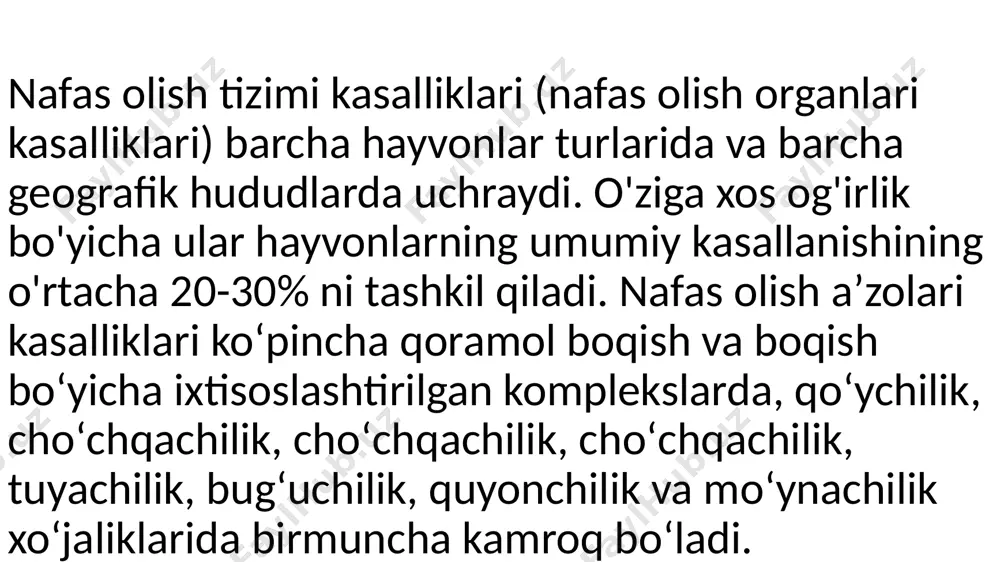 kadasi (o'ng va chap tomonlarda har ikki kunda navbatma-navbat) o'zini isbotladi.antiallergik preparatlar orasida natriy tiosulfatning 30% eritmasini har kuni tomir ichiga yuborish ko'rsatiladi: yirik hayvonlar uchun - 400-500 ml dozada 5-6 kun ketma-ket, shuningdek og'iz orqali kuniga 3-4 marta suprastin yoki pipalfen 1,5-2 g.intoksikatsiya holatida glyukozaning insulin bilan 40% eritmasi, natriy xloridning 3-5% eritmasi va geksametilentetraminning 10% eritmasini terapevtik dozada tomir ichiga yuborish tavsiya etiladi. patogenetik terapiya sifatida yulduzsimon gangliyalarning bir tomonlama novokain blokadasi (o'ng va chap tomonlarda har ikki kunda navbatma-navbat) o'zini isbotladi.antiallergik preparatlar orasida natriy tiosulfatning 30% eritmasini har kuni tomir ichiga yuborish ko'rsatiladi: yirik hayvonlar uchun - 400-500 ml dozada 5-6 kun ketma-ket, shuningdek og'iz orqali kuniga 3-4 marta suprastin yoki pipalfen 1,5-2 g.intoksikatsiya holatida glyukozaning insulin bilan 40% eritmasi, natriy xloridning 3-5% eritmasi va geksametilentetraminning 10% eritmasini terapevtik dozada tomir ichiga yuborish tavsiya etiladi. bronxopnevmoniyabronxlar va o'pka lobullarining fokal, nonspesifik yallig'lanishi, kataral ekssudat hosil bo'lishi va …