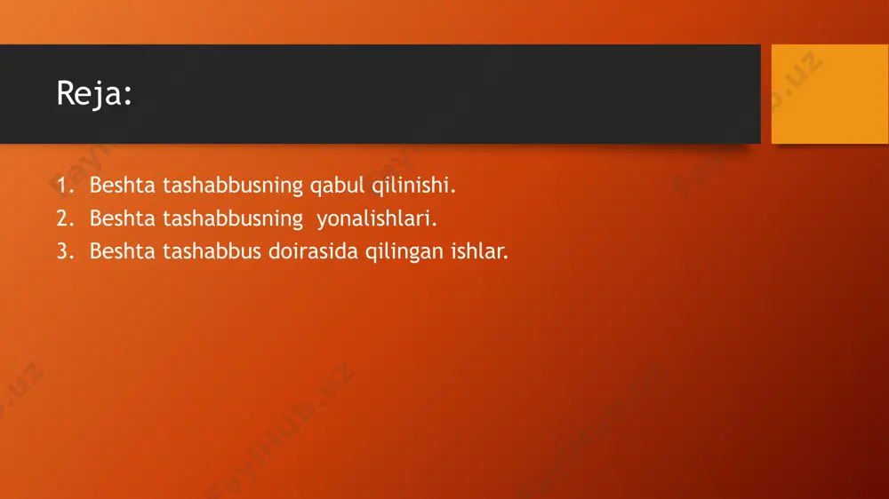kkinchi tashabbus yoshlarni jismoniy chiniqtirish, ularning sport sohasida qobiliyatini namoyon qilishlari uchun zarur sharoitlar yaratishga yo’naltirilgan. beshta tashabbusning yonalishlari. uchinchi tashabbus aholi va yoshlar o’rtasida kompyuter texnologiyalari va internetdan samarali foydalanishni tashkil etishga qaratilgan. to’rtinchi tashabbus yoshlar ma’naviyatini yuksaltirish, ular o’rtasida kitobxonlikni keng targ’ib qilish bo’yicha tizimli ishlarni tashkil etishga yo’naltirilgan. beshta tashabbusning yonalishlari. beshinchi tashabbus xotin-qizlarni ish bilan ta’minlash masalalarini nazarda tutadi. beshta tashabbus doirasida qilingan ishlar. birinchi tashabbus – yoshlarning musiqa, rassomchilik, adabiyot, teatr va sanʼatning boshqa turlariga qiziqishlarini oshirish boʻyicha yurtimizdagi mavjud 800dan ortiq madaniyat markazlarida 4522 ta toʻgarak faoliyati yoʻlga qoʻyilib, ularga 1762 ta musiqa jihozi yetkazib berilgan. umumtaʼlim maktablarida tashkil etilgan 36503 ta toʻgarakka 1 million nafardan ortiq yoshlar qamrab olingan. umumtaʼlim maktablarida tasviriy sanʼat va musiqa yoʻnalishidagi 36 503 ta toʻgaraklarga 1,1 mln.nafar (18%) oʻquvchi-yoshlar jalb qilingan. 3 mingdan ortiq musiqa jihozlari yetkazib berilgan. beshta tashabbus doirasida qilingan ishlar. ikkinchi tashabbus – yoshlarni jismoniy …