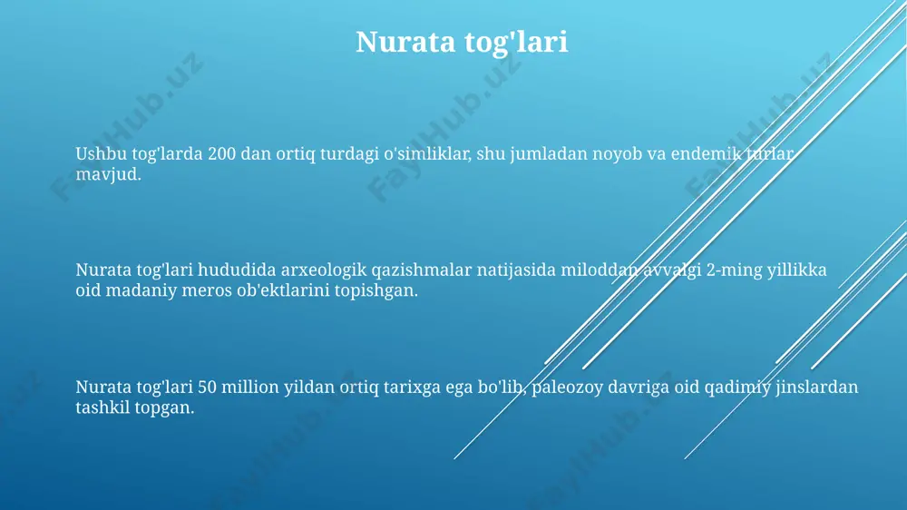oʻjaligi va sanoat uchun muhim suv manbai hisoblanadi. sirdaryo havzasida 20 dan ortiq yirik suv omborlari va gidroelektrostantsiyalar joylashgan boʻlib, ular milliy energetika tizimiga sezilarli hissa qoʻshadi. sirdaryo daryosi oʻzbekistonning 1200 kilometrdan ortiq masofani egallaydigan yirik daryosi boʻlib, suv resurslari jihatidan muhim ahamiyatga ega. hissor tog'lari hissor togʻlarida joylashgan koʻplab kanyonlar va jarliklar geomorfologik jihatdan oʻta qiziqarli boʻlib, ularning yoshi million yillar bilan oʻlchanadi. ushbu togʻ tizmasida 20 dan ortiq turdagi noyob oʻsimliklar va 10 dan ortiq endemik hayvonlar turi uchraydi, bu bioxilma-xillikni aks ettiradi. hissor togʻlari, taxminan 4000 metr balandlikdagi choʻqqilarga ega boʻlib, paleozoi davridagi togʻ jinslaridan tashkil topgan va boy mineral resurslarga boydir. qorako'l ko'li qorakoʻl koʻlida 20 dan ortiq baliq turi, jumladan, sazan, karp va boshqa qimmatli baliq turlari yashaydi. koʻlning umumiy maydoni taxminan 3700 kvadrat kilometrni tashkil etadi va bu oʻzbekistondagi eng katta koʻllardan biri hisoblanadi. qorakoʻl koʻlining suv sathi yiliga oʻrtacha 20-30 sm ga oʻzgarib …