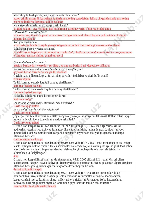 texnologik va texnik infratuzilma sohasida faoliyat ko`rsatadi shirkat firmalarda: “kemaga tushganning joni bir” qoidasi amal qiladi mas`uliyati cheklangan sharkatning mas`uliyati cheklanmagan shirkatdan qanday farqi bor? jamiyat qatnashchilari o`zlari qo`shgan ulushlari doirasida javobgar bo`ladilar aktsiyadorlik jamiyati – bu: jismoniy shaxslar kapitallarining birlashuvi bo`libu aktsiyalar chiqarish yo`li bilan tashkil etiladi ochiq turdagi aktsiyadorlik jamiyati – bu: aktsiyadorlari o`zlariga tegishli aktsiyalari boshqa aktsiyadorlarning roziligisiz erkin tasarruf qila oladigan jamiyatdir xolding kompaniyasi – bu: mulk egalari tomonidan bir nechta mustaqil aktsiyadorlik jamiyatlari faoliyatini nazorat qilishi maqsadida tashkil etilgan xissadorlik jamiyatidir quyda qayd qilingan qaysi bir yo`l xolding kompaniyasini tashkil etish uchun asos qilib olinadi: yuridik jihatdan mustaqil korxonalarning aktsiya paketlarini birlashtirish yo`li xolding kompaniyasining qayday turlarini bilasiz? monopoliyaga qarshi organning ruxsati bilan tashkil etilgan xolding xolding kompaniyalarining asosiy vazifasi: sof boshqaruvchilikdan iborat xoldinglar qaysi organning ruxsati bilan tashkil etiladi? monopoliyaga qarshi organning ruxsati bilan xorijiy korxona deganda o`zbekiston respublikasi hududida joylashgan, aktsiyalari yoki nizom …
