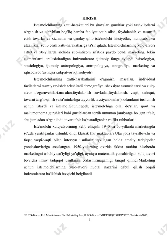uchun iste'molchilarning xulq-atvori nuqtai nazarini qabul qilish orqali intizomlararo bo'lishish bosqichi belgilandi. 1. iste'molchining xulq-atvorining ta'rifi 1950-yillardan boshlab marketing marketingga bo'lgan ishonchni o'zgartira boshladi iqtisodiyot va boshqa fanlarga, xususan, xulq-atvor fanlariga, shu jumladan sotsiologiya, antropologiya va klinik psixologiya. buning natijasida mijozga tahlil birligi sifatida yangi e'tibor berildi. natijada marketing intizomiga yangi mazmunli bilimlar qo'shildi, shu jumladan, shu kabi g'oyalar fikr rahbarligi, ma'lumot guruhlari va tovarga sodiqlik. bozor segmentatsiyasi, ayniqsa demografik segmentatsiya ijtimoiy-iqtisodiy holat (ses) indeksiga va uy xo'jaliklarining tsikliga asoslangan holda ham modaga aylandi. iste'molchilarning xulq-atvoriga qo'shimcha ravishda marketing intizomi nazariyani ishlab chiqish va sinov tartib-qoidalariga nisbatan tobora ortib borayotgan ilmiy nafosatni namoyish etdi. dastlabki yillarda iste'molchilarning xatti-harakatlariga motivatsiya tadqiqotlari katta ta'sir ko'rsatdi, bu mijozlarning tushunchasini oshirdi va maslahatchilar tomonidan keng qo'llanilgan reklama sanoat va shuningdek intizom doirasida psixologiya 1920 yillarda, 30-40 yillarda. 1950 yillarga kelib, marketing motivatsiya tadqiqotchilari tomonidan qo'llaniladigan metodlarni o'zlashtira boshladi, jumladan chuqur intervyular, proektsion metodlar, tematik …
