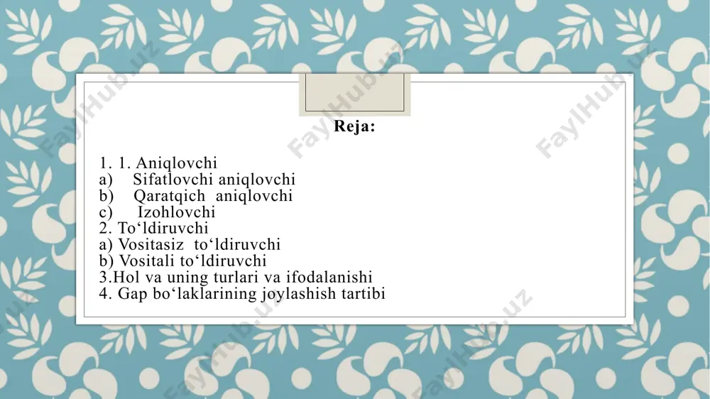 alga olib shoshilmay aylanishadi. (p.qodirov). 3) olmosh bilan: allaqaysi dengiz qushlarining odati qiziq ekan. (o‘.usmonov) har bir qiyinchilikdan so‘ng bir rohat bor. (maqol). 4) ot bilan: asfalt ko‘chaning u er bu erida suv xalqob bo‘lib yotardi. (o‘.hoshimov). kumush so‘zingni chaqaga mayda qilma. (maqol). -dagi affiksini olgan otlar ham sifatlovchi vazifasini bajaradi. masalan: uydagi har bitta buyum ma’sudani esimga soladi. (p.q.). toshkentlik yosh olim... atrofdagi cho‘ponlarni to‘plab, ziyofat qilib bermoqda... edi. (p.q.). 5) sifatdosh bilan: unda dam oladigan va yo tunab qoladigan manzil yo‘q. (k.yashin). aytar so‘zni ayt, aytmas so‘zdan qayt. (maqol). 6) ravish bilan: ko‘p befoyda narsalarni o‘rganganingdan ko‘ra senga doimo xizmat qiladigan besh-o‘nta yaxshi o‘gitni bilganing ma’qulroq. (seneka). 7) taqlid so‘z bilan: g‘ir-g‘ir mayin bahor shamoli. (oybek). bir gala o‘rdak kanal bo‘yiga tushdi. bularning g‘aq-g‘uq ovozi ancha vaqtgacha bosilmadi. (s.ahmad). sifatlovchi ba’zan so‘z birikmasi bilan ham ifodalanadi. masalan: qarama-qarshi turgan ikki eshikning birini shaxt bilan ochdi... (p.qodirov). dunyoda xushfe’l, …