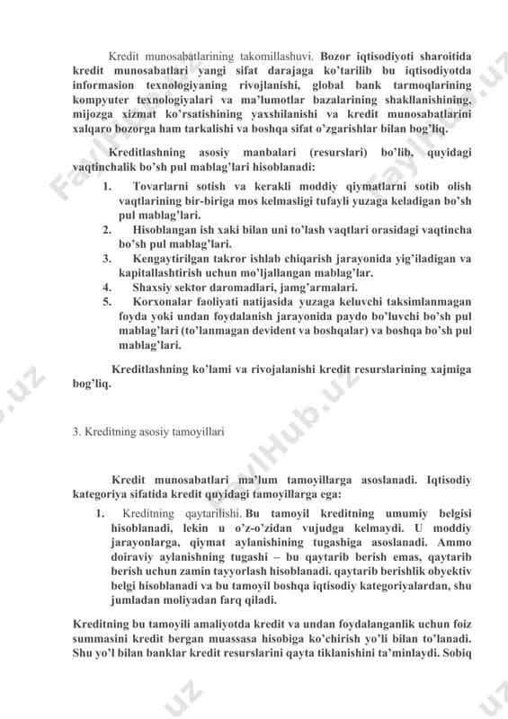 keskin oshganligi va alohida olingan sudxo’rlar kapitalini bu talablarni qondirishga yetarli bo’lmaganligi. tarkibiy jihatdan rivojlanish. bu bosqich ssuda kapitali bozorida kredit-moliya tashkilotlari kabi maxsus vositachilarning paydo bo’lishi bilan harakterlanadi. kapital sudxo’rlik va sarroflik idoralari zaminida vujudga kelgan dastlabki banklar keyinchalik kredit institutlariga an’anaviy bo’lib qolgan quyidagi funksiyalarni o’z zimmasiga oldi: - bo’sh moliyaviy mablag’larni o’z vaqtida foiz bilan to’lash majburiyati asosida qarz oluvchiga berish. - yuridik va jismoniy shaxslar uchun har xil to’lov va hisob-kitoblar bo’yicha xizmat ko’rsatish (keyinchalik davlat uchun ham). - qator maxsus moliyaviy operasiyalarni o’tkazish (veksel va boshqalar). bu bosqichning asosiy belgisi – iqtisodiyotda kredit munosabatlarini davlat tomonidan markazlashgan holda boshqarilishidir. davlat mikiyosida kredit munosabatlarining markazlashuvi har bir davlatning markaziy banki yordamida amalga oshiriladi. dastlabki milliy davlat kredit institutlarining paydo bo’lishi naqd pulsiz hisob-kitoblarni olib borish uchun qo’l keldi, hamda tijorat banklarining operasiyalari va xizmat ko’rsatish ko’lamining kengayishiga olib keldi. kredit munosabatlarining takomillashuvi. bozor iqtisodiyoti sharoitida kredit …