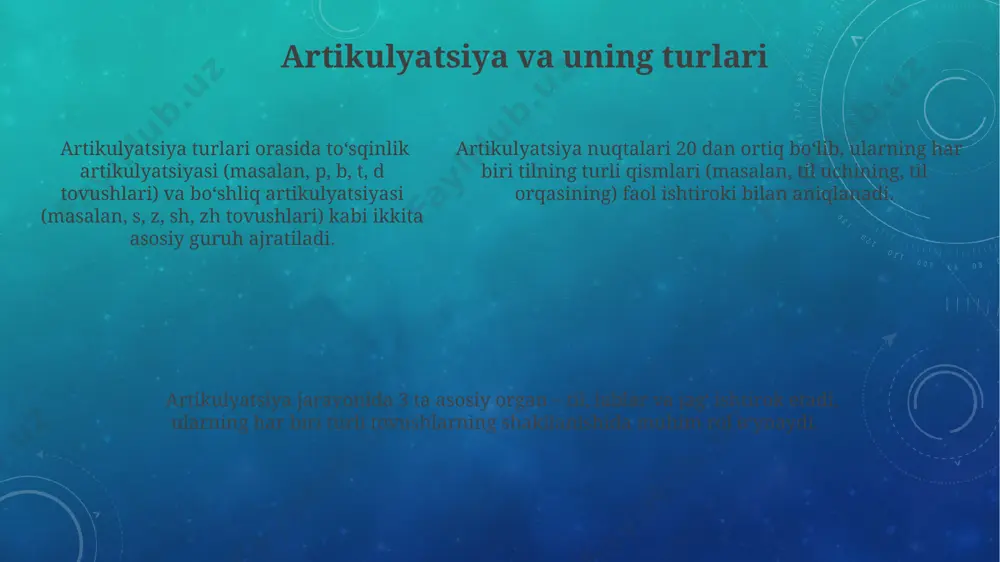 ga oshiradi. leksikaning hajmi tilning boyligi va ifoda vositalarining ko‘pligi bilan bevosita bog‘liq bo‘lib, o‘rtacha 50 000 dan ortiq so‘z birligini o‘z ichiga oladi. so‘z yasash vositalarining (affikslar, prefikslar) faol qo‘llanilishi leksikaning doimiy yangilanib turishiga va 1000 dan ortiq yangi so‘z paydo bo‘lishiga olib keladi. nutq va ijtimoiy muhit ijtimoiy masofaning 3 darajasi (yaqin, o'rtacha, uzoq) nutqning rasmiyligi va no rasmiyligi, shuningdek, ishlatiladigan leksik birliklar to'plamini aniqlaydi. ijtimoiy muhit, nutqning 5 ta asosiy funksiyasini (axborot berish, ifoda etish, regulyativ, faoliyatni boshqarish va estetik) amalga oshirish uslublariga sezilarli ta'sir ko'rsatadi. nutqning ijtimoiy muhitga moslashishi 30% ga yaqin til birliklarining kontekstga bog'liq o'zgarishlarini o'z ichiga oladi, shu jumladan, intonatsiya va so'z tanlashning o'zgarishi. tovushlarning hosil boʻlishi mexanizmi til, lab, jagʻ va yumshoq tanglay kabi artikulyatsiya organlari nafas oqimining yoʻnalishini oʻzgartirib, turli tovushlarni hosil qiladi. masalan, /p/, /b/, /m/ tovushlarining hosil boʻlishi uchun lablarning yopilish va ochilishi muhim ahamiyatga ega. tovushlarning hosil boʻlishi …