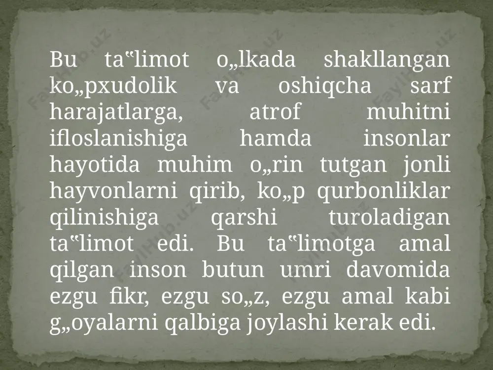 rlik jamiyati davri endi paydo bo„layotgan davr edi. u urug„chilik tuzumi yemirilib aholi qullar va quldorlarga, zolim va mazlumlarga bo„linayotgan davr bo„lgan. bu din eng avvalo o„rta osiyodan tashqari eron, afg„oniston, ozarbayjon, yaqin va o„rta sharqning bir qancha mamlakatlariga tarqalgan edi. zardushtiylik dinini paydo bo„lgan zamin xorazm vohasida qadimdan bir qancha turkiy elatlar yashab kelgan. bu din mil. avv. vii-vi aslarga xos din sifatida o‟zidan oldingi urug„ qabilachilik dinlari negizida paydo bo„lgan din hisoblanadi. zardusht nomi ham turli tadqiqotlarda turlicha keltiriladi. masalan, zaratushtra (ma‟nosi- “sariq tuya sohibi”, “zarg‟in yorug‟lik egasi”), zarduts, zoroastr ko„rinishlarida ham ishlatiladi. zardushtning tarixda bo„lgan yoki bo„lmaganligi to„g„risida ham aniq yechimga kelinmagan. ba‟zi tadqiqotchilar uni tarixiy shaxs deya e‟tirof etishsa, ba‟zilari esa ularda farqli o„laroq uni afsonaviy shaxs deya ta‟kidlashadi. u quyi amudaryo hududlarida yashovchi oriy qabilasining yirik urugʻlaridan boʻlmish spitama urug„idan bo„lgan. u 23 yoshidan boshlab jamiyatdagi kamchiliklarga turli xil qabilalarning turli xudolarga sig„inishi natijasida ular …