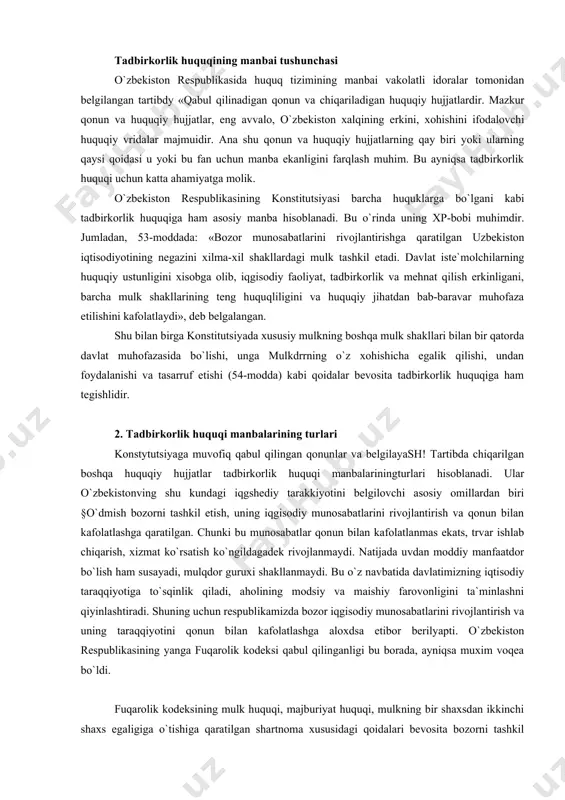 un bilan kafolatlanmas ekats, trvar ishlab chiqarish, xizmat ko`rsatish ko`ngildagadek rivojlanmaydi. natijada uvdan moddiy manfaatdor bo`lish ham susayadi, mulqdor guruxi shakllanmaydi. bu o`z navbatida davlatimizning iqtisodiy taraqqiyotiga to`sqinlik qiladi, aholining modsiy va maishiy farovonligini ta`minlashni qiyinlashtiradi. shuning uchun respublikamizda bozor iqgisodiy munosabatlarini rivojlantirish va uning taraqqiyotini qonun bilan kafolatlashga aloxdsa etibor berilyapti. o`zbekiston respublikasining yanga fuqarolik kodeksi qabul qilinganligi bu borada, ayniqsa muxim voqea bo`ldi. fuqarolik kodeksining mulk huquqi, majburiyat huquqi, mulkning bir shaxsdan ikkinchi shaxs egaligiga o`tishiga qaratilgan shartnoma xususidagi qoidalari bevosita bozorni tashkil etishga, uni tovarlar va xizmatlar bilan to`liqta`minlashta, tadbirkorning bozorda erkin savdo-sotiqqilishini yo`lga qo`yishga qaratilgan. bozorning rivojlanishi esa ishbilarmon tadbirkorlar tomonidan ishlab chiqilgan turli tovarlarning hajmi, sifati bilan belgilanadi. albatta tovarlar qancha ko`p ishlab chiqarilsa, uni ishlab chiqaruvchilar o`rtasidagi iqgisodiy raqobat shunchalik kuchayib boradi. korxona sinmasligi uchun raqobatbardosh mollar ishlab chiqarish ko`payadi va rivojlanadi. bu esa o`z navbatida ana shu mollar narxining arzonlashuviga olib keladi. hozirgi …