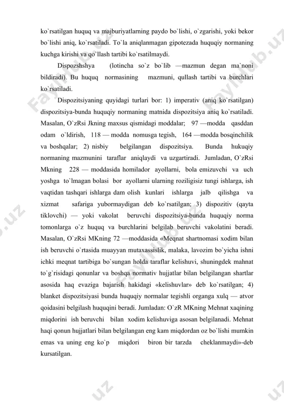 kelishuviga asosan belgilanadi. mehnat haqi qonun hujjatlari bilan belgilangan eng kam miqdordan oz bo`lishi mumkin emas va uning eng ko`p miqdori biron bir tarzda cheklanmaydi»-deb kursatilgan. huquq normasining uchinchi qismi sanksiyadir. (sanksiya - lotincha chora deganidir). sanksiyada huquq normalari talablariga rioya qilmaslik natijasida davlat tomonidan qo`llaniladigan majburiy choradir. sanksiya huquq nomasining yuridik kuchini barcha fuqarolar uchun majburiyligini ifodalaydi. sanksiyalar huquq normalarining xarakteriga qarab intizomiy, ma`muriy fuqarolik, jinoiy-huquqiy va boshqa turlarga bo`linadi. xodimlarga mehnat intizomini buzganligi uchun ish beruvchi intizomiy jazo choralarini qo`llaydi. ma`muriy huquqbuzarlik sodir qilganda o`zr jk ko`rsatilgan jazo choralarini beradi. jinoyat sodir qilinganda o`zr jkda belgilangan jazo choralari qo`llaniladi. fuqarolik — huquq normalari buzilganda yetkazilgan zararni undirish, tuzilgan shartnoma va bitmlarni qonunsiz deb topish choralari belgilangan. sanksiyalar huquq normalarining ifodalanishiga quyidagi uch turga bo`linadi: nisbiy belgilangan sanksiyalar (masalan, 6 —oydan 25 —yilgacha ozodlikdan mahrum qilish), absalyut (mutloq,) belgilangan sanksiya (70 000 so`m jarima), muqobil sanksiya (masalan, moddada yo …