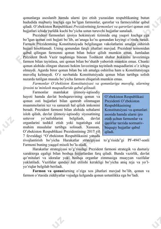 lari bo’yicha vazirliklar, davlat qo’mitalari va idoralarning, hamda mahalliy hokimiyat organlarining ijroga qaratilgan qonun osti hujjatlari qabul qilinishi mumkin. qonun osti hujjatlari tarkibidan quyidagilar o’rin oladi: -rasm. o’zbekiston respublikasining qonun osti hujjatlari qonun osti hujjatlarining xususiyatlarini umumlashtiradigan bo’lsak, quyidagilar kelib chiqadi: · qonun osti hujjatlari uni qabul qilishga vakolatli bo’lgan davlat organi yoki mansabdor shaxs tomonidan qabul qilinadi; · vakolatli davlat organi yoki mansabdor shaxs qonunda belgilangan vakolatlarni qonun osti hujjatlari yordamida amalga oshiradi; · qonun osti hujjatlari konstitutsiya va qonunlarga mos kelishi lozim; · konstitutsiya va qonunlarga mos kelmaydigan qonun osti hujjatlari yuqori turuvchi organ yoki konstitutsiyaviy sud tomonidan bekor qilinishi mumkin; · qonun osti hujjatlari serqirra bo’lganliklari sababli turli mezonlar asosida tasniflanadi; · qonun osti hujjatlari huquqiy munosabat ishtirokchilarining huquq va majburiyatlarini o’zida ifoda etadi; · qonun osti hujjatlarida o’rnatilgan qoidalar davlat tomonidan himoyalanadi; · qonun osti hujjatlari o’zbekiston respublikasi konstitutsiyasi va qonunlari asosida, ularni ijro etish uchun …