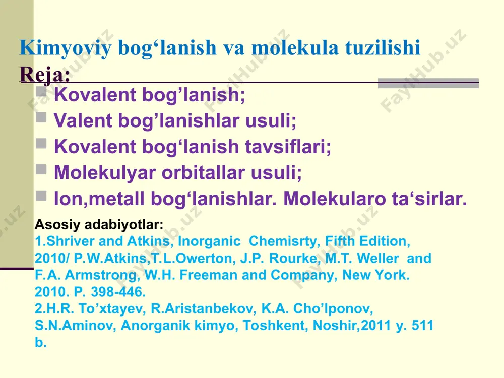 ol. nh3 (=1,46 d), h2o (=1,84 d), brombenzol (=1,64 d), asetonitril (=3,90 d) co2 va so2 molekulalarida e-o bog’i qutbli, manfiy qutb kislorodga yaqin joylashgan. co2 qutbsiz molekula u chiziqli so2 – burchakli molekula qutbli. ch4, ccl4 molekulalari qutbsiz chcl3(=1,15 d), ch2cl2 (=1,58 d) ch3cl (=1,97 d) qutbli. 1-jadval. turli bog’lardagi ion bog’lanish hissasi c-i bog’idan c-f bog’iga o’tgan sari bog’ning ionlilik darajasi ortadi. bog’ c-i c-h c-cl c-f ion bog’ hissasi,% o 4 6 40 bog’ h-cl h-f be-f li-f ion bog’ hissasi% 18 45 80 89 kovalent bog’lanish hosil qilish usullari tinch holatdagi toq elektronlar .azot atomida 3 toq elektron bor: 2s 2p n 2 va nh3 molekulalarida azotning kovalentligi 3 . . .. . n : + 3 · h = h:n:h . .. h 2s2 2p2 2s2 2p2 c  c * 2s1 2p3             …