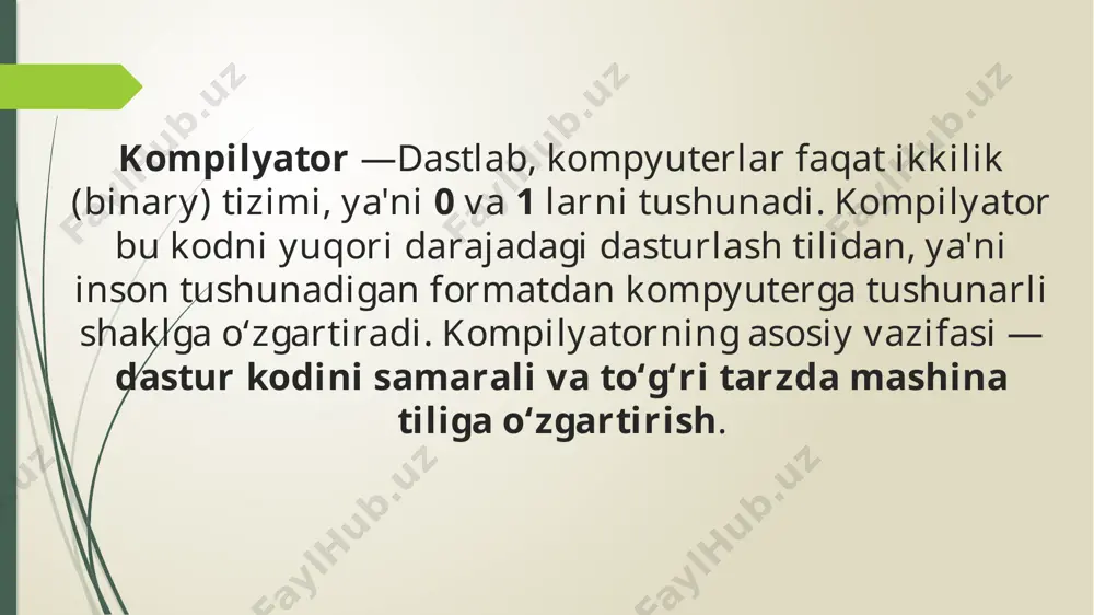 ‘lib, ular dastur kodini mashina tiliga o‘zgartirish orqali dasturlarning samaradorligini va tezligini oshirishga yordam beradi. kompilyatorlar dasturchilarga sintaksis va semantik xatolarni tezda aniqlash, kodni optimallashtirish, va platformalararo moslashuvni ta'minlashda katta yordam beradi. shu bilan birga, kompilyatorlar ba'zan vaqt va resurslarni ko‘p talab qilishi, xatoliklarni aniqlashda murakkabliklar yuzaga kelishi mumkin. biroq, zamonaviy kompilyatorlar dasturchilarni yanada samarali ishlashiga, dastur sifatini oshirishga, va dasturlash jarayonini tezlashtirishga imkon beradi. umuman olganda, kompilyatorlar dasturlash jarayonini soddalashtiradi va dasturchilar uchun katta afzalliklarga ega bo‘lgan muhim vositadir. foydalanilgan adabiyotlar 1. "kompyuter arxitekturasi va tizimli dasturlash" — d.karimov, a. bo‘riyev. 2. "dasturlash tillari va tizimlarni boshqarish" — m.shamsutdinov, b. karimov. 3. "axborot texnologiyalari va tizimli dasturlash" - f. umarov, s. ubaydullayev. /docprops/thumbnail.jpeg