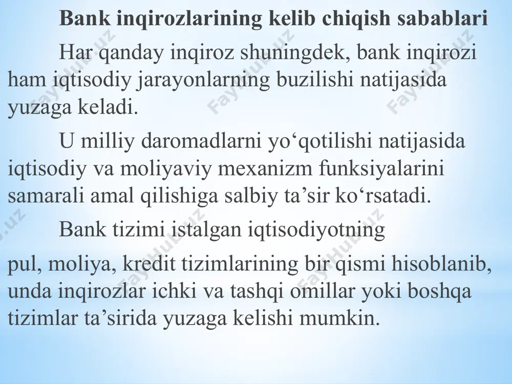 . banklar aktivlari sifatida uzoq muddat davomida yo‘qotishlarning mayjud bolishi, odatda noho'sh makroiqtisodiy jarayonlar, bozor tangligi, hukumat siyosati (yoki aralashuvi) va firibgarliklar bilan bogliqdir. shuningdek, mazkur qarashlarning aksariyati iqtisodiyot tamoyillaridagi o‘zgarishlar hamda biznes sikllarining tabiiy mahsuli ekanligiga asoslanadi. bank inqirozlarining makroiqtisodiy nuqtai-nazardan kelib chiqishi nobarqaror makroiqtisodiy siyosat, global moliyaviy shart-sharoitlar va valyuta kurslari ayriboshlash mexanizmiga oid muammolarga bogliq. haddan ortiq pul- kredit ekspansionistik siyosati va fiksal siyosat kredit inqirozini, qarzlarni haddan ortiq ko'p jalb qilish va real aktivlarga investitsiyalarni safarbar qilish bank aktivlari sifatining pasayishiga olib keladi. amerikalik iqtisodchi olimlar karmen m. reynxart va kennet s. rogoff bank inqirozlari kelib chiqishining ilk sabablari sifatida kredit inqirozlari va aktivlar narxi bilan bogliq pufak (ко‘pik)larning vujudga kelishini ko'rsatib otadilar. bu kabi makroiqtisodiy tanglikni iqtisodiyoti rivojlanayotgan mamlakatlarda kuzatish mumkin. iqtisodi­yoti rivojlanayotgan mamlakatlar boshqa mamlakatlardan qisqa muddatli xorijiy valyutadagi qarzlarni jalb qilish orqali valyuta kursining qadrsizlanishi, xalqaro bozorda foiz stavkalarining oshishi va xalqaro savdo …