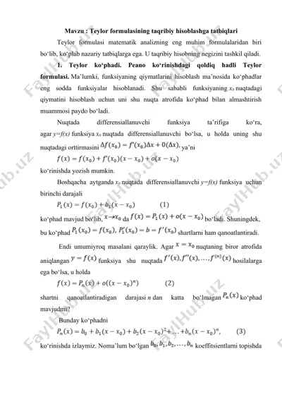 teylor formulasining taqribiy hisoblashga tatbiqlari — DOCX