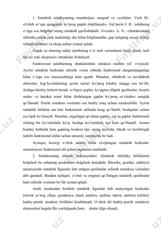 taksis vositalari esa badiiy nutq uchun xarakterlidir. ayrim sintaktik birliklar ma`lum funktsional stillarda keng qo‘llanib, boshqalari uchun esa tipik bo‘lmaydi. masalan, ergashgan qo‘shma gaplar, yig‘iq gaplar funktsional stilning bir ko‘rinishida ko‘p, boshqa ko‘rinishida esa kam qo‘llanadi. ammo bunday hollarda ham gapning konkret tipi, uning tuzilishi, leksik va morfologik tarkibi funktsional stillar uchun umumiy xarakterda bo‘ladi. ayniqsa, hozirgi o‘zbek adabiy tilida rivojlangan sintaktik hodisalar sinonimiyasi funktsional stil uchun tuganmas manbadir. 2. sintaksisning stilistik imkoniyatlari. sintaktik stilistika birliklarini belgilash bu sohaning predmetini belgilash demakdir. ritorika, poetika, adabiyot nazariyasida sintaktik figuralar deb atalgan qurilmalar stilistik snntaksis vositalari deb qaraladi. bundan tashqari, o‘rinli va original qo‘llangan sintaktik qurilmalar ham stilistik vositalar bo‘lib xizmat qiladi. antik ritorikadan boshlab sintaktik figuralar deb atalayotgan hodisalar (ritorik so‘roq, ellips, gradatsiya, band, anafora, epifora, takror, antiteza kabilar) badiiy-poetik sintaksis birliklari hisoblanadi. o‘zbek tili badiiy-poetik sintaksisi elementlari haqida fikr yuritilganda ham, shular tilga olinadi. o‘zbek tili taraqqiyotining hozirgi bosqichida funktsional …