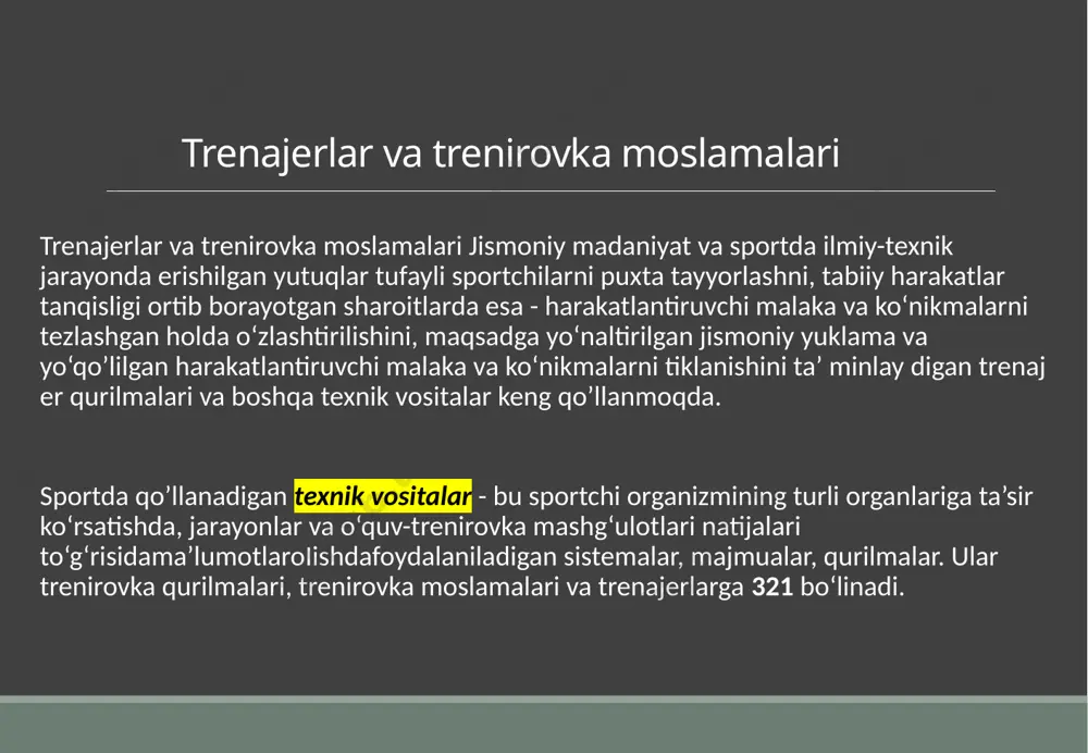 jangovar yakkakurashlar bellashuv lavhalari (syujetlari) bo‘yicha olingan videofilm proeksiyalanadi. jismoniy tarbiya-sport ishlari amaliyotida biologik teskari aloqalar sport mashqlarini texnik tuzatish (korreksiya) bo‘yicha eksperimental (tajriba) va uslubiy tajriba ma’lumotlarini umumlashtirish sinovdan o‘tgan muolaja (operatsiya) turlarini beshta asosiy guruhlarga bo‘lish (ajratish) imkonini beradi va ularni quyidagi ketma-ketlikda amalga oshirish maqsadga muvofiq. kuchning ta’sir уо‘nalishini tartiblash bo (yicha muolaja (operatsiya)lar. masalan, bunday muolajalarning variant - sportchi tomonidan o‘ng va chap pedallarga monitorda beriladigan (bosiladigan) kuchlanish godograflarini nazorat qilishda pedalni aylantirish kuchlanishlarini autokorreksiyalash usullari (i.p.ratov ma’lumotlari bo‘yicha vektorli dinamografiya usuli). bu 326 erda kuchlanishlarni o‘ng va chap oyoq bilan pedallarga qo‘yishni fimksional asimmetriyasi bartaraf etiladi. monitorda namuna sifatida namoyish etiladigan etalonli godograflarni autonazorati sportchilarga kuchning ta’sir yo‘nalishlarini o‘zgarishlari ketma - ketligi bo‘yicha eng ko‘p mos kelishiga erishish imkonini beradi. sport lokomotsiyalarida vujudga keladigan ortiqcha zarbali yuklamalarni kamaytirish bo‘yicha muolaja (operatsiya)lar. sportchining harakatlanish tezligini yo‘qolishini nazorat qilish uchun teskari aloqa sistemasi konkida yugurishda va oddiy …