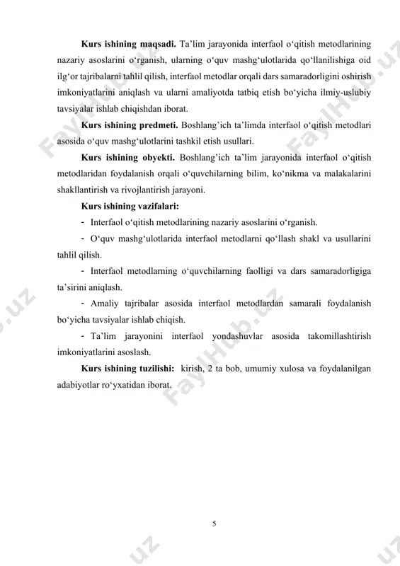 ratilgan. ya’ni, bu metodlar o‘quvchilarni dars jarayonida passiv emas, balki faol ishtirokchi, muammolarga javob izlaydigan, fikr bildiradigan subyekt sifatida shakllantiradi. shuning uchun ham interfaol metodlar bugungi ta’limning markaziy tamoyillaridan biriga aylangan[footnoteref:2]. [2: abduqodirova, gulchehra. interfaol o‘qitish texnologiyalari. “fan va texnologiya”, toshkent, 2018. – 256 bet.] interfaol o‘qitish metodlari ta’lim jarayonida o‘quvchi va o‘qituvchi o‘rtasidagi interaktiv va samarali muloqotni rivojlantirishga yordam beradi. ushbu metodlar o‘quvchilarni faollikka undash, bilim olish jarayonida o‘zaro faol ishtirok etishga va birgalikda qarorlar qabul qilishga o‘rgatadi. interfaol metodlar orqali o‘quvchilar nafaqat axborotni qabul qilishadi, balki ularni tahlil qilishadi, bir-birlariga savollar berishadi, fikrlar almashadilar va o‘zaro hamkorlikda ishlashadi. shunday qilib, interfaol metodlar o‘quvchilarning o‘z-o‘zini boshqarish ko‘nikmalarini rivojlantiradi va ularni o‘z bilimlarini amaliyotda qo‘llashga undaydi. interfaol metodlar o‘quvchilarda amaliy ko‘nikmalarni rivojlantirishga imkon yaratadi. o‘quvchilar guruhli ishlarda birgalikda turli vazifalarni bajarish, jamoaviy qarorlar qabul qilish, muammolarni hal qilish va muloqot qilish orqali tajriba orttiradilar. bunday usullar o‘quvchilarning jamoaviy ish ko‘nikmalarini …