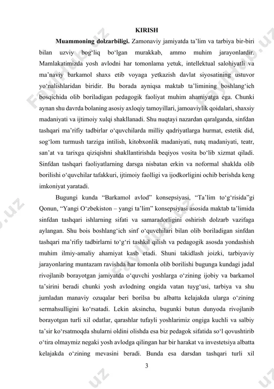 mos metodik yondashuvlarni tavsiflash; · ma’rifiy tadbirlarni samarali tashkil etish bo‘yicha ilg‘or tajribalarni o‘rganish; · tadbirlar natijasida o‘quvchilarda shakllanuvchi ijobiy tarbiyaviy fazilatlarni aniqlash va umumlashtirish. kurs ishining obyekti: boshlang‘ich sinf o‘quvchilari bilan olib boriladigan sinfdan tashqari tarbiyaviy va ma’rifiy jarayoni. kurs ishining predmeti: sinfdan tashqari ma’rifiy tadbirlarning pedagogik mazmuni, shakllari, o‘quvchilarga ta’siri va samaradorligini oshirish vositalari. kurs ishining metodlari: ilmiy-nazariy tahlil, hujjatlar va adabiyotlar sharhi, kuzatuv, tajriba, suhbat, anketalash, metodik tavsiyalarni tahlil qilish, diagnostika, statistik va amaliy umumlashtirish metodlari. kurs ishining tuzilishi: mazkur kurs ishi kirish, asosiy qism (to‘rtta reja bandi asosida), xulosa va foydalanilgan adabiyotlar ro‘yxatidan iborat. asosiy qismda mavzuga oid nazariy hamda amaliy tahlillar keltiriladi. xulosa qismida esa umumiy natijalar va tavsiyalar bayon qilinadi. asosiy qism 1.boshlang‘ich sinf o‘quvchilari bilan tarbiyaviy ishlarning ahamiyati ijtimoiy jamiyat taraqqiyoti, xususan, milliy istiqlol gʻoyalarining hayotimizga tobora chuqur ildiz otib borishi ta’lim tizimidagi islohotlarning ham mazmunini boyitmoqda. ta’lim jarayonida oʻqitishning tajribada sinovlardan oʻtgan …