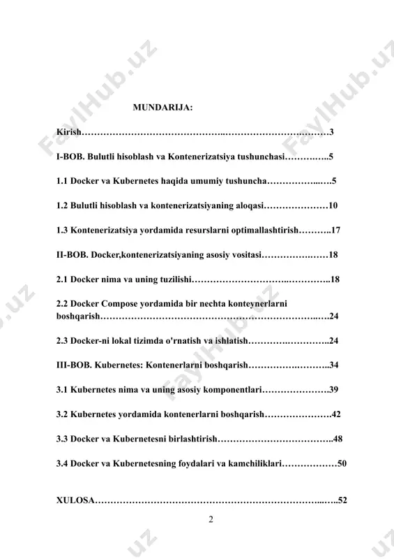 asturiy ta'minotlarni ishlab chiqish jarayonida har bir komponentni alohida boshqarish, sinovdan o‘tkazish va joylashtirish zarurati kuchaymoqda. bunday ehtiyoj konteynerizatsiya tushunchasini joriy etishga olib keldi. konteynerizatsiya-bu dasturlarni ularning barcha bog‘liqliklari (kutubxonalar, konfiguratsiya fayllari, ishga tushirish skriptlari) bilan birgalikda bitta konteynerga joylashtirish texnologiyasidir. har bir konteyner mustaqil va izolyatsiyalangan muhitda ishlaydi, bu esa dasturiy ta'minotning ko‘chiriluvchanligini va moslashuvchanligini oshiradi. konteynerizatsiya yordamida ishlab chiquvchilar o‘z dasturlarini istalgan operatsion tizim yoki serverda muammosiz ishga tushira olishadi. ushbu kurs loyihasining asosiy e’tibori konteynerizatsiya texnologiyasining yetakchi vositalari hisoblangan docker va kubernetes tizimlariga qaratilgan. docker — bu dasturlarni konteynerlar ichida ishlab chiqish, sinash va ishga tushirish imkonini beruvchi platformadir. u ishlab chiquvchilarga soddalik, tezlik va ishonchlilikni taqdim etadi. kubernetes esa ko‘plab konteynerlar bilan ishlashda ularni avtomatik boshqarish, masshtablash va qayta tiklash imkonini beruvchi tizimdir. u yirik infratuzilmalar uchun konteynerlarni boshqarishda ajralmas vositaga aylangan. ushbu kurs loyihasining dolzarbligi shundaki, bugungi kunda it sohasi mutaxassislarining deyarli har biri konteyner …