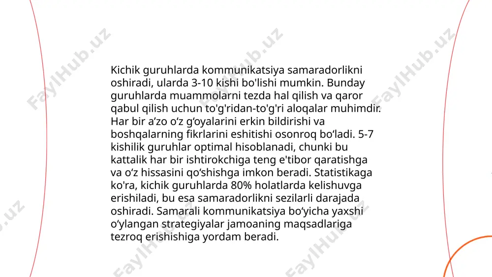 ari o'zlarining individual xususiyatlari, ijtimoiy rollari va munosabatlari orqali aniqlanadi. bu jarayon ijtimoiy psixologiya sohasida muhim o'rin tutadi. turli tadqiqotlar guruh ichidagi identifikatsiyaning samaradorlikka, qaror qabul qilish jarayonlariga va ijtimoiy aloqalarga ta'sirini o'rganadi. masalan, 2021-yilgi tadqiqotlar ko'rsatmoqda, samarali guruh identifikatsiyasi jamoaning ish jarayonidagi hamkorligini 30% oshirishi mumkin. shu bilan birga, guruh ichidagi kommunikatsiya imkoniyatlarini 40% gacha yaxshilashi mumkin. ... t.me/slaydai_bot raqobat va hamkorlik sohalari iqtisodiyotda muhim ahamiyatga ega. raqobat bozorda mahsulot va xizmat sifatini oshirishga yordam beradi, chunki kompaniyalar bir-biridan o'zib ketishga harakat qiladi. masalan, 2021-yilda o'zbekistonda kichik va o'rta korxonalar soni 485 mingdan oshib, iqtisodiyotning 55% dan ortig'ini tashkil etdi. hamkorlik esa kompaniyalarga resurslarni birlashtirish, yangi texnologiyalarni joriy etish va bozorda o'z pozitsiyasini mustahkamlash imkonini beradi. mamlakatda klasterlarda hamkorlik qilish tajribasi o'sib bormoqda va bu 2022-yilda sanoat ishlab chiqarishining 12% o'sishiga olib keldi. bu ikkala yondashuv o'zbekistonda transformatsion iqtisodiy o'zgarishlarni qo'llab-quvvatlaydi. ... t.me/slaydai_bot 8. guruh nizolari va ularni bartaraf …