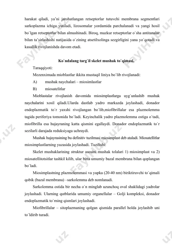 q bilan aktin molekulasi orqali(bir uchi) va miozin filamentining molekulasi bilan (ikkinchi uchi) bog`lanadi, bu bog`lanishda nebulin oqsili ham ishtirok etadi. miofibrillaning o`rta qismi ya’ni ikkita z-chiziq orasi qoramtir bo`lib (a-disk) faqat miozin filamentidan tashkil topadi. a-diskning o`rtasida ko`ndalang joylashgan m-chiziq bo`lib miomezin molekulasidan tashkil topadi. m-chiziqqa miozin filamentining oxirgi uchlari birikadi. aktin va miozin filamentining nisbati 6:1 (geksoganal joylashuvda). aktin filamenti bir uchi bilan z-chiziqqa, miozin filamenti esa bir uchi bilan m-chiziqqa birikkan bo`ladi. ikkita filamentning kolgan ikki uchi bir biri bilan birikib filamentlar orasidagi tirqishga kiradi,lekin miozin filamenti z-chizikka, aktin filamenti esa mushak tolasi bo`shashgan paytda m-chizikka etib bormaydi. aktin va miozin filamentlari tropomiozin va troponin oqsili ishtirokida o`zaro tasirlashadi. mushak tolasining plazmollemasi och (і) va qoramtir (a) disklar chegarasida naysimon (t-naycha) uzun botiqlik xosil qiladi.ular ca2+ning tolaga va undan orqaga transportida qatnashadi. mushak tolasining qisqarishi to`grisida signal kelganda harakat potensiali plazmollemaga o`tadi va t-naycha membranasiga tarqaladi. buning …