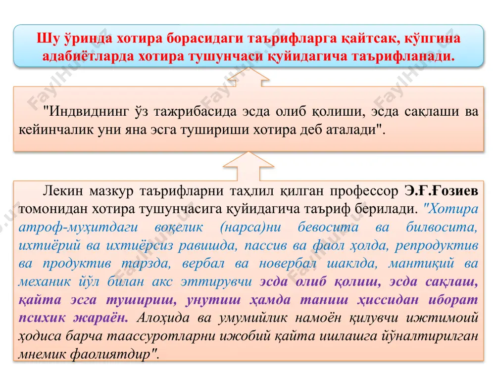 мусиқий; б) эшитиш хотираси; 5. руҳий фаолиятнинг инсон йўналишига қараб: а) феноменал; б) касбий. келтирилган хотира турларини умумий тарзда қуйидагича ифодалаш мумкин: ҳаракат хотираси – инсон фаолиятининг ҳар бир турида руҳий фаолликнинг у ёки бу кўринишларини устунлик қилишида кузатилади. масалан, ҳаракат, ҳиссиёт, идрок, ақл-заковат каби руҳий фаолиятнинг кўринишлари мавжуддир. ана шу руҳий фаоллик турларининг ҳар бири тегишли ҳаракатларда ва уларнинг маҳсулотларида ўз ифодасини топиб ҳаракатларда, ҳиссий кечинмаларда, туйғуларда, образларда, тимсолларда, фикр ва мулоҳазаларда акс этади. турли ҳаракатлар ва уларнинг бажарилиши тартиби, тезлиги, суръати, изчиллиги ва бошқаларни эсда қолдириш, мустаҳамлаш, эсга туширишдан иборат хотира тури ҳаракат хотираси деб аталади. ҳис-туйғу ёки ҳиссиёт хотираси. бу хотира ҳис-туйғулар, руҳий кечинмалар, ҳиссиётлар, эҳтиёжларимиз ва қизиқишларимиз қандай қондирилаётганлигидан, атрофимиздаги нарса ва ҳодисаларнинг хусусиятига нисбатан муносабатимиз қай тарзда амалга оширилаётганлигидан доимо хабар бериб туриш имкониятига эга. шунинг учун ҳар бир кишининг ҳаёти ва фаолиятида ҳиссий хотира тури жуда катта аҳамият касб этади. воқеликдаги нарса ва ҳодисалардан, …