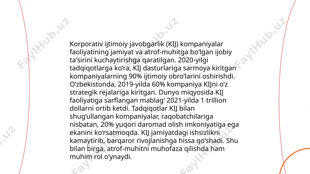 ari yaratishga qaratilgan tashabbuslar bilan barqaror rivojlanishni rag‘batlantiradi. jahon bankining ma'lumotlariga ko‘ra, ijtimoiy mas'uliyatli amaliyotlar korxonalar uchun 10-20% ga yuqori rentabellikni ta'minlashi mumkin. ijtimoiy javobgarlikni oshirish orqali, 2030 yilga borib barqaror rivojlanish maqsadlariga erishish imkoniyatlari ortadi. shu bilan birga, global kompaniyalarning 70% dan ortig‘i ijtimoiy javobgarlik hisobotlarini taqdim etadi. bu esa ijtimoiy va ekologik masalalarga e’tiborni kuchaytiradi. ... t.me/slaydai_bot korporativ ijtimoiy javobgarlik (kij) kompaniyalarning jamiyat oldidagi mas'uliyatini ifodalaydi. kijga e'tibor qaratgan kompaniyalar xodimlarning motivatsiyasini oshirishi mumkin. tadqiqotlar shuni ko'rsatadiki, 70% xodimlar ijtimoiy mas'uliyatli kompaniyada ishlashni ko'proq xohlashadi. yana bir tadqiqotga ko'ra, bunday korporatsiyalarda xodimlarning qoniqishi 13% ga oshadi. kij dasturlari xodimlarga jamoat ishlari bilan shug'ullanish imkonini berib, ishonch va sodiqlikni kuchaytiradi. o'zbekiston kompaniyalari bu yo'nalishda o'z kij strategiyalarini kuchaytira oladi va xalqaro tajriba asosida o'z xodimlarini qo'llab-quvvatlashi mumkin. ... t.me/slaydai_bot 10. ijtimoiy javobgarlik va axloqiy biznes amaliyotlari ijtimoiy javobgarlik va axloqiy biznes amaliyotlari kompaniyalar tomonidan ijobiy ta'sir ko'rsatishni maqsad qilgan …