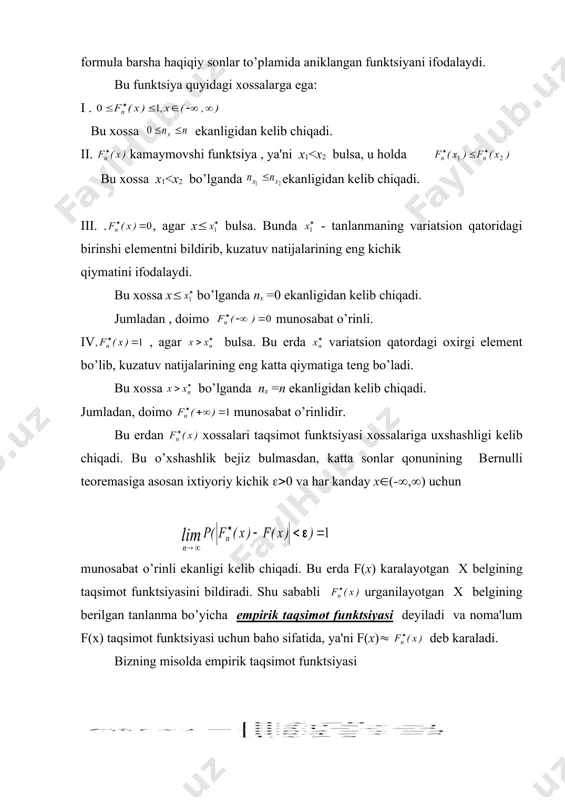 an [-2,6] kеsmani k=4 ta bir xil uzunlikli oraliklarga ajratamiz. bu oraliklar uzunligi oraliklar esa (1 = [-2,0) , (2 =[0,2) , (3 =[2,4) , (4 = [4,6] bo’ladi. tanlanma bo’yicha m1 = 4 , m2 = 8 , m3 = 12 , m4 = 6 ekanligini topamiz. bu holda , , , bo’ladi va chastotalar gistogrammasi kuyidagi ko’rinishda bo’ladi: shuni ta'kidlab utish kеrakki, nisbiy chastotalar gistogrammasini noma'lum f(x)=f((x) zishlik funktsiyasi uchun baho sifatida karash mumkin. tanlanma hajmi n oshgan va intеrvallar uzunligi h kamaygan sari bu baho yaxshilanib boradi. 0 -1 -2 1 2 3 4 5 6 xi mi /h 1 2 3 4 5 6 7 -3 _1331475716.unknown _1331475727.unknown _1331475733.unknown _1331475737.unknown _1331475740.unknown _1331475741.unknown _1331475743.unknown _1331475738.unknown _1331475735.unknown _1331475730.unknown _1331475732.unknown _1331475729.unknown _1331475722.unknown _1331475725.unknown _1331475726.unknown _1331475724.unknown _1331475719.unknown _1331475720.unknown _1331475717.unknown _1331475704.unknown _1331475711.unknown _1331475713.unknown _1331475714.unknown _1331475712.unknown _1331475708.unknown _1331475709.unknown _1331475706.unknown _1331475698.unknown _1331475701.unknown _1331475703.unknown _1331475700.unknown _1331475695.unknown _1331475696.unknown _1331475693.unknown