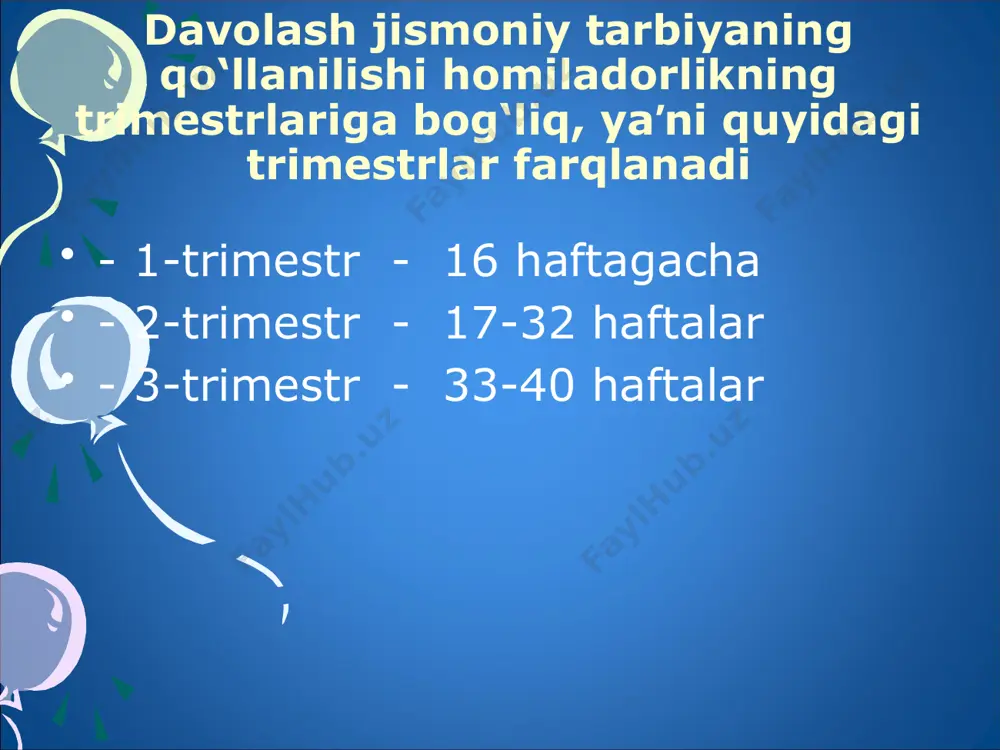 ig‘lanish kasalliklarida qo‘llanila-digan davolash jismoniy tarbiyaning vazifalari -organizmning umumiy holatiga taʼsir etib, kasalliklarga organizm-ning umumiy qarshiligini oshirish; -qon turib qolishlari bilan kurashish; -qon-limfa aylanishini kuchaytirish; -to‘qimalarda oksidlanish-tiklanish jarayonlarini oshirish; -kichik tos organlarida venoz qon turib qolishlarini kamaytirish va yo‘qotish; -gipodinamiya bilan kurashish, asoratlarni yo‘qotish. bachadonning anomaliyalarida davolash jismoniy tarbiyani qo‘llash va uning vazifalari -kichik tosdagi qon va limfa aylanishini kuchaytirish, trofikasini yaxshilash; -qorin oldi mushak pressini rivojlantirish; -tos tubida joylashgan organlarning bir-biriga bog‘liqligini oshirish; -tos tubi mushaklarini mustaxkamlash; -qorin ichki bosimini kamaytirish, bachadon bog‘lam apparatini mustaxkamlash, siydik qopi va uretraning sfinkterini mustaxkamlash. orqada yotgan dastlabki holatda -anus sfinkterini o‘ziga tortish va bo‘shashtirish; -to‘g‘ri oyoqlarni bir-biriga olib kelish va kengaytirish; -tirsakka va tovonga tayangan holatda tosni yuqoriga ko‘tarish; -ketma-ket yoki bir vaqtning o‘zida oyoqlarni tizzada bukib, ko‘krak tomonga olib kelish; -ketma-ket to‘g‘ri oyoqlarni ko‘targan holatda aylanma harakatlarni bajarish; -“shag‘am” mashqlarini bajarish. yon boshda yotgan dastlabki holatda -bukilgan oyoqni ko‘krak tomonga harakat …