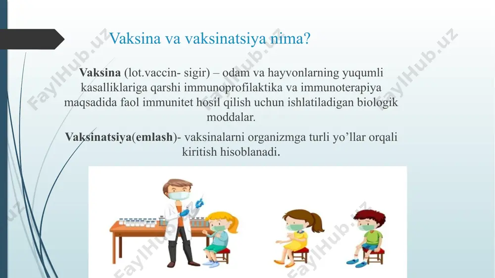 qoqsholga qarshi vaksina odatda bu vaksina revaksinatsiya uchun ishlatiladi. vaksina in’yeksiya ko’rinishida mushak orasiga qilinadi. ahamiyati: akds vaksinasiga o’xshash bo’lsada, bu vaksina katta yoshli bolalarga va katta insonlarga qilinadi. nojo’ya ta’sirlari: in’yeksiya joyida yegil og’riq, yengil isitma, holsizlik, bosh og’rig’i. emlash jadvali: 1-doza: 7 yoshda; 2-doza: 16-yoshda. tavsiya: 16 yoshdan katta insonlar bu vaksina bilan xar 10 yilda qayta emlanishi tavsiya etiladi. pentavalent – difteriya-ko’kyo’tal-qoqshol-gepatit b- xib infeksiyaga qarshi vaksina vaksina in’yeksiya ko’rinishida mushak orasiga yoki teri ostiga qilinadi. emlash jadvali: 1-doza: 2oylikda; 2-doza: 3oylikda; 3-doza: 4oylikda. nojo’ya ta’sirlari: ko’plab bolalarda hech qanday o’zgarishlar bo’lmaydi, ba’zan kichik qizarishlar, shish, og’riq yoki isitma bo’lishi mumkin. pneumo – pnevmokokk infeksiyasiga qarshi vaksina vaksina tarkibi: turli xil serotipli polisakkaridlar yoki konyugatlar. ahamiyati: pnevmoniya kasalligini 100%gacha, og’ir otit kasalligini 65% gacha kamaytiradi. nojo’ya ta’sirlari: odatda yengil va vaqtincha bo’ladi. igna o’rnida shish yoki qizarish, yengil isitma, uyquchanlik emlash turi va jadvali: prevenar-13: 1-doza: 2- …