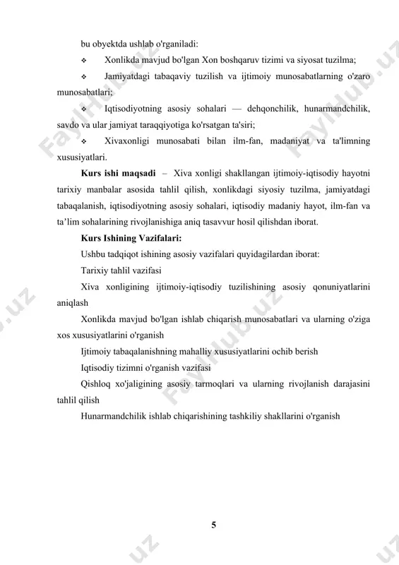 qo'shbegi — harbiy va ichki nazoratni ta'minlovchi boshqaruvchidir. · mulla — diniy masalalarni nazorat qiluvchi shaxs bo'lib, u hukumatda muhim o'rin tutgan.[footnoteref:1] [1: karimov i. “o‘zbekiston tarixining asosiy davrlari” – toshkent: “o‘zbekiston” nashriyoti, 2005 – 15-45 betlar.] xonning yuridik davlatning ichki va tashkilot siyosatini yo'lga qo'yish, harbiy tuzilmani boshqarish, xalqaro aloqalarni o'rnatish, ijtimoiy va iqtisodiy muammolarni hal qilish edi. , xiva xonligi devoni va kengashi ham davlatning maʼmuriy ishlarini tashkil qilishda yordam bergan. hokimiyat organlari va transport vositalarii xiva xonligi nazorati ma'muriy hokimiyat organlari davlatning turliida foydalanish ko'rsatgan. har bir viloyatda hokimlar, yangi amirlar va sherguzarlar boshchiligida davlat ishlarini yuritishgan. bu organlar nazoratni himoya qilgan: · ijtimoiy nazoratni amalga oshirish : maʼmuriy boshqaruv xalqning kundalik hayoti va uning tartibiga rioya qilishini taʼminlagan. · soliq yig'ish : xiva xonligida soliqlar ko'plab yo'nalishlarga ega bo'lib, dehqonlar va savdogarlardan yig'ilgan soliq mablag'lari davlat byudjetini shakllantirgan. · xalqaro aloqalar : xonlik tashkiloti siyosatida ham …