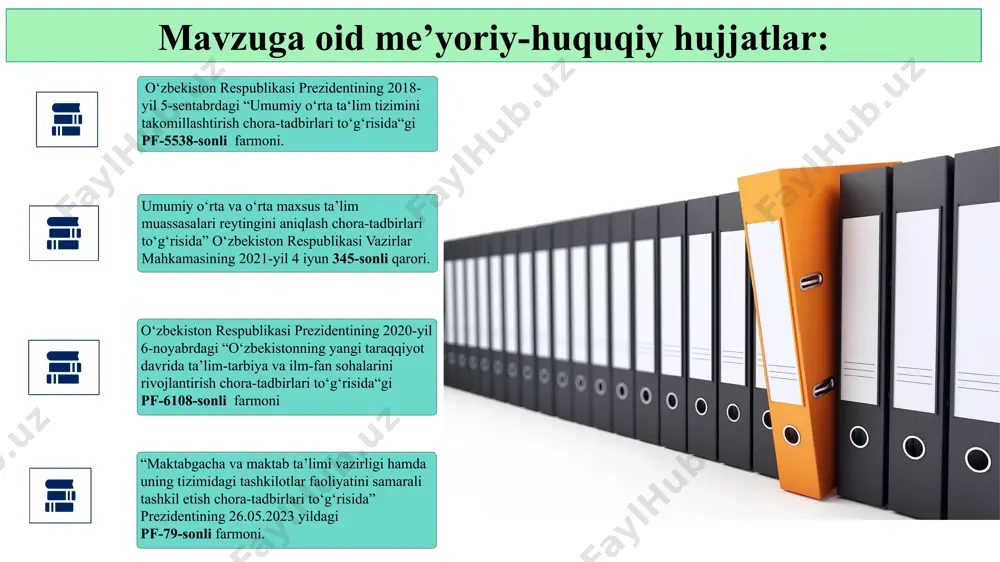 irishning muhim omillaridan biridir. samaradorlikni baholash jarayoni o‘qituvchilarning malakasi, mehnat unumdorligi, innovatsion yondashuvlari hamda o‘quvchilarga ta’sirini aniqlashga xizmat qiladi.reyting tizimi esa pedagoglarning faoliyatini baholab, ularning professional o‘sishini rag‘batlantirishga yordam beradi. bunda, o‘qituvchilarning o‘quv jarayoniga qo‘shayotgan hissasi, fan bo‘yicha o‘quvchilarning natijalari, metodik yondashuvlari va o‘z ustida ishlashi kabi mezonlar asosiy o‘rin tutadi.samarali baholash tizimi maktab jamoasi motivatsiyasini oshirish, ta’lim sifatini yaxshilash hamda natijadorlikni oshirishga xizmat qiladi. shu sababli, maktablarda inson resurslarini baholash tizimini adolatli, shaffof va samarali tashkil etish muhim ahamiyat kasb etadi. biroq, baholash tizimi shaffof, adolatli va ob’ektiv bo‘lishi lozim. shuningdek, inson resurslarini baholashda faqat reyting bilan cheklanib qolmasdan, ularning kasbiy rivojlanishiga yo‘naltirilgan chora-tadbirlarni ham amalga oshirish zarur. shu sababli, bu jarayonda zamonaviy baholash metodologiyalaridan foydalanish va xalqaro tajribaga tayanish tavsiya etiladi. 10 taklif: maktab ichki baholash tizimini shakllantirish (rahbariyat, hamkasblar, o‘quvchilar va ota-onalar fikri asosida). har bir o‘qituvchining faoliyati bo‘yicha onlayn platforma yaratish. sun’iy intellekt asosida avtomatlashtirilgan baholash …