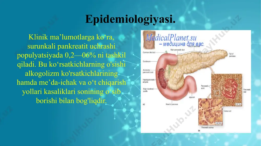 yalangan shakli klinik belgilarning xususiyatiga kolra: polisimptom shakli og‘riqli shakli psevdoo'smali shakli dispeptik shakli latent shakli kasallikning bosqichlariga kolra: remissiya qo‘zish davri kasallik kechishiga kolra: yengil darajadagi pankreatit (i boshlang‘ich bosqich) o‘rta og‘ir darajadagi pankreatit (ii bosqich) og'ir darajadagi pankreatit (iii bosqich, terminal, kaxeksik). klinikasi surunkali pankreatitning klinik manzarasi og'riq va dispepsiya sindromi hamda ekzokrin va endokrin faoliyatning yetishmovchiligi belgilaridan iborat. obyektiv ko'rilganda: teri qoplamlarining quruqligi, glossit, stomatit (gipovitaminoz natijasida), tana vaznining kamayishi va paypasla- ganda me’da osti bezi sohasida og‘riq va frenikus belgisining musbatligi aniqlanadi og'riq sindromi. og‘riq ovqatdan (achchiq, qovurilgan,yog‘li) 40— 60 daqiqadan so'ng paydo bo'ladi. og‘riq o'tkir, asta-sekin kuchayib boruvchi yoki doimiy, to‘mtoq, ezuvchi tusda, ovqat yegandan so‘ngkuchayishi mumkin. og‘riq joylashuvi meda osti bezining zararlangan anatomik sohasiga bog'liq. chap qoviirg‘a ravog'i ostidagi og‘riq me’da osti bezining dum qismi zararlanganligidan dalolat beradi. me'da osti bezining tana qismi zararlanganda og‘riq epigastriyada joylashadi. me’da osti bezining boshchasi zararlanganda og'riq shoffar …