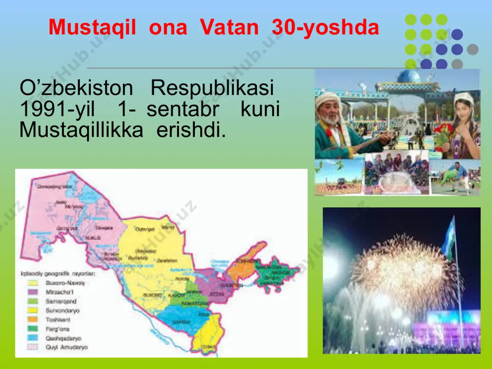 imovi.a. 2007 – yil ijtimoiy himoya yili karimov i.a. 2006 – yil tibbiyot xodimlari va xayriya yili karimov i.a. 2005 – yil sog’lomlik yili karimov i.a. 2004 – yil mehr va muruvvat yili karimov i.a o’zbekistondagi viloyatlar samarqand viloyati – 16,400(kv.km) aholisi 2.322.000 sirdaryo viloyati – 5,100 (kv.km) aholisi 648.100.10 surxandaryo viloyati - 20800(kv.km) aholisi 1.676.000. buxoro viloyati – 39,400(kv.km) aholisi 1.384.700. xorazm viloyati – 6,300(kv.km) aholisi 1.200.000. jizzax viloyati – 20.500(kv.km) aholisi 910.500.5 qaraqalpog’iston aftonom respublikasi – 160.000(kv.km) 1.200.000. toshkent viloyati – 15.300(kv.km)4.450.000.13 andijon viloyati – 4,200(kv.km) aholisi 1.899.900. farg’ona viloyati – 6,800(kv.km) aholisi 2.597.000. namangan viloyati – 7,900(kv.km)aholisi 1.862.000. navoiy viloyati – 110,800(kv.km) aholisi 767.500.6 qarqadaryo viloyati – 28,400 (kv.km) aholisi 2.029.000 bayram rasmlari bayramlar rasmlari e’tiboringiz uchun raxmat.