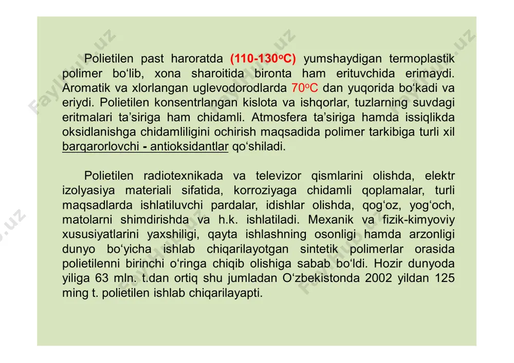 i 80-90% xrom olti valentli holda bo‘ladi. faollashtirilgan katalizator sovitilib yaxshilab berkitilgan idishda saqlanadi. suyuq fazada o‘rta bosimli polietilen ishlab chiqarish jarayoni: 1-katalizator suspenziyasini tayyorlash jixozi; 2-suspenziyani yig‘ish jixozi; 3,4,5-polimerlash idishlari; 6,7,8-isitgichlar; 9-sovitgich; 10,12-separatorlar; 11-polietilen eritmasini konsentrlovchi dastgoќ; 13- polietilenni granullovchi ekstruder. “filips” firmasi texnologiyasi bo‘yicha, o‘rtacha bosmda olinadigan polietilen (yuqori zichlikli) polimerlanish uchun etilen 1000 katalizator 1 issiqlikni olish uchun ishlatiladigan etilen 9000 benzin 6000 quyida reaktorlarga komponentlarni solish miqdorlari keltirilgan (kg/soat): bu texnologiya bo‘yicha polimerlanish jarayoni reaktorlarda siklogeksan erituvchisi muhitida 17 mpa bosimda, 300ºc xaroratda va sigler-natta kompleks katalizatorlari ishtirokida amalga ochiriladi. ushbu texnologiyaning o‘ziga xosligi shundaki, texnologiya bo‘yicha sintez qilingan polietilen har hil zichlikka va strukturaga ega bo‘ladi. ushbu texnologiya bo‘yicha chiziqsimon past zichlikli (lldpe), chiziqsimon o‘rta zichlikli (mdpe) va chiziqsimon yuqori zichlikli (hdpe) polietilen turlarini ishlab chiqarish mumkin. polimerlanish reaksiyasi juda katta tezlikda borishi sababli, reaktorlarni xajmi uncha katta bo‘lishi shart emas, chunki monomerni reaktorda polimerga …