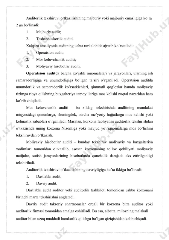 shi nuqtai nazaridan ham ko’rib chiqiladi. mos keluvchanlik auditi – bu xildagi tekshirishda audlitning mamlakat miqyosidagi qonunlarga, shuningdek, barcha me’yoriy hujjatlarga mos kelishi yoki kelmaslik sabablari o’rganiladi. masalan, korxona faoliyatini auditorlik tekshirishdan o’tkazishda uning korxona nizomiga yoki mavjud yo’riqnomalarga mos bo’lishini tekshiruvdan o’tkazish. moliyaviy hisobotlar auditi – bunday tekshiruv moliyaviy va buxgalteriya xodimlari tomonidan o’tkazilib, asosan korxonaning to’lov qobiliyati moliyaviy natijalar, sotish jarayonlarining hisobotlarda qanchalik darajada aks ettirilganligi tekshiriladi. auditorlik tekshiruvi o’tkazilishining davriyligiga ko’ra ikkiga bo’linadi: 1. dastlabki audit; 2. davriy audit. dastlabki audit auditor yoki auditorlik tashkiloti tomonidan ushbu korxonani birinchi marta tekshirishni anglatadi. davriy audit takroriy shartnomalar orqali bir korxona bitta auditor yoki auditorlik firmasi tomonidan amalga oshiriladi. bu esa, albatta, mijozning malakali auditor bilan uzoq muddatli hamkorlik qilishga bo’lgan qiziqishidan kelib chiqadi. xorijda auditorlik faoliyatining hozirgi holati bozor iqtisodiyoti taraqqiy etgan evropa va amerika mamlakatlarida auditorlik faoliyati ko’p asrlik tajribaga ega. audit rivojlangan huquqiy iqtisodiyot va zamonaviy …