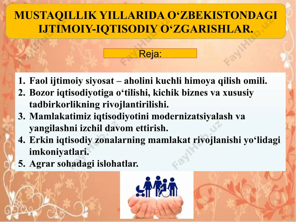 1996-yilning 1-yanvaridan boshlab 16 yoshgacha bolalari bo‘lgan barcha oilalarga beriladigan har oylik nafaqalarning quyidagi miqdori belgilandi: - bir bolali oilalarga eng kam ish haqqining 30%; - ikki bolali oilalarga eng kam ish haqqining 60%; - uch bolali oilalarga eng kam ish haqqining 80%; - to‘rt bolali oilalarga eng kam ish haqqining 100%; - besh va undan ko‘proq bolali oilalarga eng kam ish haqqining 120%. 1997-yil sentyabr oyidan boshlab, har yili 1 sinf o‘quvchilariga bepul o‘quv anjomlari, darsliklarni berish joriy etildi, kam ta’minlangan oilalarning boshlang‘ich sinflarda o‘qiydigan bolalariga bepul qishki issiq kiyimlar berish yo‘lga qo‘yildi. masalan, 1998-yilda mahalliy o‘zini-o‘zi boshqarish organlari orqali respublikadagi 700 ming yoki umumiy oilalarning 11,8 foiziga kam ta’minlanganligi uchun moddiy yordam ko‘rsatilgan. o‘zbekiston respublikasi konstitutsiyasining 14-moddasida “davlat o‘z faoliyatini inson farovonligini va jamiyatning barqaror rivojlanishini ta’minlash maqsadida qonuniylik, ijtimoiy adolat va birdamlik prinsiplari asosida amalga oshiradi.”, ― deb belgilangan. 2020-yil 24-yanvarda o‘zbekiston prezidenti shavkat mirziyoev milliy parlament …