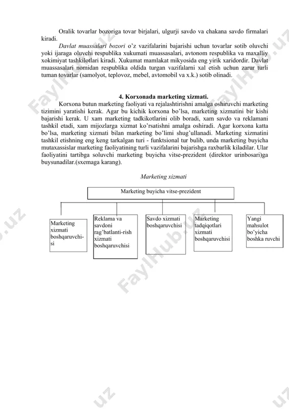 o’z xolatini anklash lozim. bozor potentsial sigimi deganda ma’lum vakt davomida amalga oshirish mumkin bo’lgan savdo xajmi tushuniladi. o’zok istikbol uchun rejalar 15-2g yilni, urta mudatli 5 yil, kiska muddatli 1-2 yilga muljallangan buladi. umumiy xolda bozorni egallash strategiyasi quyidagicha bo’ladi: 1. kator tadbirlarni amalga oshirish xisobiga dastlabki jamgarish (maksadni aniklash, tashkiliy tarkibni takomillashtirish, kadrlarni tayyorlash va malakasini oshirish, ishlab chiqarish intizomini kuchaytirish, mexnat va moddiy xarajatlarni kiskartirish va x.k.). 2. yangi texnologiyalarni, imkoni bulsa kushma korxona to’zish yuli bilan sotib olish. 3. iktidorli menejer va konstruktorlarni jalb etish yuli bilan yangi, yukori sifatli maxsulot ishlab chiqarish. 4. xalkaro talabga javob beruvchi maxsulot ishlab chiqarish va uni jaxon xamda ichki bozorga olib chikish. 5. korxonani ulgurji savdo bilan shugullana oluvchi yukori samarali xujalikka aylantirish. bozorni segmentlarga ajratish - bu iste’molchilarni extiyojlar, xususiyatlari, xulkidagi farklariga asosan guruxlarga bulishdir. narxiga karamay eng yaxshi velosipedlarni stib oluvchi xaridorlar bir vegmentni tashkil etadi. birinchi …