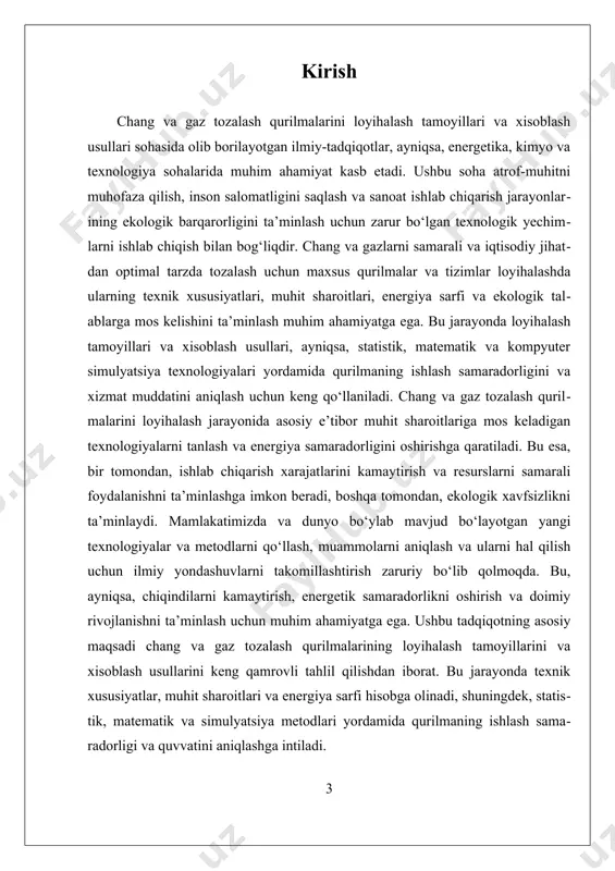 xizmat muddati va texnik parametrlarining optimal diapazoni aniqlanadi. masalan, filtrlarning qattiqligi va o‘lchamlari, gaz yoki chang oqimining tezligi va bosimi xisoblanadi. bu usullarda statistik tahlil va regressiya modellari muhim ahamiyatga ega bo‘lib, ular yordamida qurilmaning ish faoliyatini prognoz qilish mumkin. bundan tashqari, kompyuter simulyatsiya texnologiyalari — cfd (computational fluid dynamics) kabi metodlar, gaz oqimining harakatini va tozalash jarayonining samaradorligini aniq ko‘rsatadi. bu texnologiyalar yordamida, loyihalash bosqichida, turli dizayn variantlari sinovdan o‘tkaziladi va eng optimal yechim tanlanadi. yana bir muhim jihat — muhit sharoitlariga mos keladigan xisoblash metodlari. misol uchun, issiq va nam muhitda ishlash uchun maxsus modellash usullari ishlab chiqiladi. bu usullarda, qurilmaning energiya sarfi, issiqlik va namlik muhitga ta’siri hisobga olinadi. shuningdek, ekologik talablar doirasida, chiqindilarni kamaytirish uchun, chiqindi gazlar va changning miqdori, ular bilan bog‘liq zararli moddalar xisoblanadi. bu xisoblashlar, ekologik standartlar va normativlarga muvofiqlikni ta’minlash uchun muhimdir. mavzuning dolzarbligi shundaki, zamonaviy texnologiyalar bilan birga, xisoblash usullari ham …