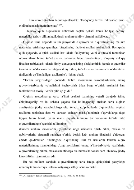 zmunidagi o`ziga xosliklarni, uning ta`lim-tarbiyaviy vazifalarini o`quvchilarning bilimi, malakasini etiborga ola bilmaslik hollari ham shunday jiddiy kamchiliklar jumlasidan edi. bu hol ma`lum darajada o`quvchilarning tarix faniga qiziqishlari pasayishga umumiy ta`lim-tarbiya ishlarini natijasiga salbiy ta`sir ko`rsatdi. mamlakatimiz mustaqillikka erishgandan so`ng bu masalaga ham jiddiy e`tibor qaratildi. ta`lim standartlari qabul qilindi. shu bilan birga maktab amalyotida, ayniqsa keyingi yillarda o`quvchilarni tarix fani vositasida tarbiyalashda, uni o`qitishni ilmiy asosda olib borish, ta`lim tarbiya ishlari samaradorligini oshirish sohasida ko`pgina ilg`or tajribalar o`tkazildi va umumlashtirildi. tarixchi metodist olimlar g`afforov ya. g`afforova m.g ning (o`zbеkistоn xalqlari tarixini o`qitish usullari.t.,1996) uslubiy qo`llanmalarida o`qitish usullari yutuq va kamchiliklar batafsil ochib berilgan1. ko`rsatmalilik deganda avvalo o`qitish va o`rganishning ko`rsatmali usuli, o`qituvchi bayonining ko`rsatmali bo`lishi, uning o`quchilardagi tayyor bilimlariga suyana bilishi, o`quv materialini bayon qilish vaqtida ko`rsatmali qurollardan foydalanish va ko`rsatmali qurollar vositasida o`quvchilarning bilish faoliyatini faollashtirish hamda ularning o`rganilayotgan tarixiy faktlarni, voqea va hodisalarni aynan o`zini yoki ularning tasvirlarini …