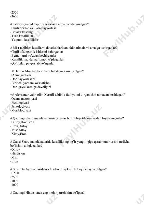 -yil -406-yil # gippokrat to’plami nechta kichik kitobcha va maqolalardan iborat? +72 -49 -90 -89 # gippokrat to’plami asari kim tomonidan rus tiliga o’girilgan? +rudnev -gulov -rasulov -asimov # gippokrat necha yoshida vafot etgan? +83 -80 -63 -56 # klavdiy galen eramizdan oldingi nechanchi yilda tug’ilgan? +131 -129 -130 -133 +#galen nechtaga yaqin asar yozgan? -400 -300 -200 -150 # galenning eng yirik asari? +"odam tanasi qismlarining ahamiyati -gigyena -anotomik tekshirish -davo usullari # odamlarning tanasi asari necha jilddan iborat? +17 -23 -16 -18 # yatrolipt kim edi? +tabiblikni o‘rgatuvchi -tadbirkor -hakim -jarroh # kroton maktabi hozirgi qaysi hududga to’g’ri keladi? +italya -afina -misr -xitoy # yunonlar muvozanatda bo‘lish, va ulardan biri ustun kelib qolishini nima deb ataganlar? +"izonomiya” va "monarxiya” -issiqlik va sovuqlik -mijoz -quruqlik - ho’llik # ibn sino jurjonda yashagan yillari qaysi qatorda to’g’ri ko’rsatilgan? +1012-1015 -1022-1025 -1021-1023 -1018-1020 # abu ali ibn sino tavallud topgan qishloq …