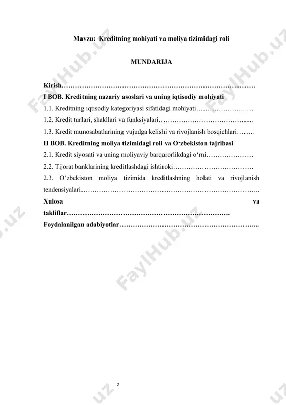 g paydo bo‘lishi kredit bozorini jadal rivojlantirdi. bu esa kredit siyosatining dolzarbligini yanada oshirmoqda. shu bilan birga, aholining yashash darajasini oshirish, iqtisodiyotni modernizatsiya qilish va raqobatbardoshlikni kuchaytirish uchun ham kredit mexanizmlarining to‘g‘ri ishlashi muhimdir. kredit faqat moliyaviy vosita emas, balki iqtisodiy faollikni stimulyatoridir. u jamiyatda ish o‘rinlari yaratish, innovatsiyalarni rivojlantirish, eksport hajmini oshirish singari strategik maqsadlar uchun ham zaruriy mexanizmdir[footnoteref:0]. ayniqsa, pandemiya davridan keyingi iqtisodiy tiklanish jarayonida kichik va o‘rta biznes subyektlari kredit vositasiga tayanmoqda. shunday ekan, ushbu kurs ishi mavzusi amaliy va nazariy jihatdan nihoyatda dolzarbdir. u iqtisodiy siyosatning muhim tarkibiy qismi bo‘lib, moliya tizimidagi barqarorlikning asosiy kafolati sifatida qaraladi. [0: mirziyoyev sh.m. yangi o‘zbekiston strategiyasi // o‘zbekiston respublikasi prezidenti shavkat mirziyoyevning oliy majlisga murojaatnomasi. – toshkent: o‘zbekiston, 2023.] kurs ishi mavzusining o‘rganilganlik darajasi kredit iqtisodiy nazariyada qadimdan o‘rganilgan asosiy kategoriyalardan biri hisoblanadi. unga oid ilmiy qarashlar ilk bor klassik iqtisodiy maktab vakillari tomonidan ishlab chiqilgan. karl marks kapital …