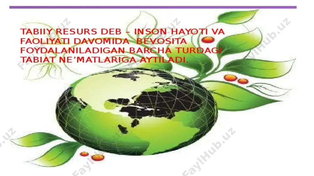 qsh ham uning konlari bo'yicha yetakchi hisoblanadi. metall bo'lmagan minerallar turli maqsadlarda qo'llaniladi. ulardan bezak va qurilish materiallari, o'g'itlar, tabiiy bo'yoqlar sifatida ishlatiladi. ba'zi turlari zargarlik buyumlarida ishlatiladi. qimmatbaho toshlar hindiston, janubiy afrika, rossiya, tailand, birma, braziliya, madagaskarda qazib olinadi. quyosh energiyasi eng istiqbolli hisoblanadi, ammo u ob-havo sharoitlariga juda bog'liq. geotermal energiya - bu er ostidagi moddalarni isitish natijasida olingan sayyora ichaklarining energiyasi. islandiya, yangi zelandiya, frantsiya, litva, yaponiya, keniyada qo'llaniladi. shamol energetikasi ayniqsa jadal rivojlanmoqda. ulkan tegirmonlar ko'rinishidagi generatorlarni endi germaniya, irlandiya, ispaniyada ko'rish mumkin. portugaliyada ular elektr energiyasining 28foizini, daniyada - taxminan 40 foizini ishlab chiqaradilar. energetik tabiiy resurslarga energiya olinadigan barcha turdagi tabiiy komponentlar kiradi. bunga ko'pincha yoqilg'i sifatida ishlatiladigan qazib olinadigan yoqilg'i kiradi. suv resurslari - bu odamlar foydalanishi mumkin bo'lgan barcha er usti va er osti suvlari. bunga daryolar, ko'llar, er osti buloqlari, suv omborlari, hovuzlar, muzliklar va hatto atmosferadagi bug'lar kiradi. suv eng …