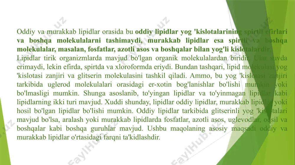 atomli spirt-glitserin bilan turli yog‘ kislotalarning birikishidan hosil bo‘lgan murakkab efirlardir. odatda qattiq holatdagi moylar yog‘lar, suyuq holatdagilari moylar deyiladi. qattiq yog‘lar yog‘ kislota tarkibi ko‘proq to‘yingan yog‘ kislotalardan iborat bo‘lib, bu hususiyat hayvon yog‘lariga xosdir. o‘simlik moylari yog‘ kislota tarkibi ko‘proq to‘yinmagan yog‘ kislotalardan tashkil topgan. yog‘lar – uch atomli spirt va yuqori molekulyar yog‘ kislotalardan hosil bo‘lgan glitseridlardir. tabiiy yog‘lar uchglitseridlar, ikkiglitseridlar, monoglitseridlar va yo‘ldosh moddalar aralashmasidir. yog‘larning asosiy fizik va kimyoviy xossalari bilan farqlanishi ularning yog‘ kislota tarkibiga bog‘liq. yog‘lar va moylar bir-biridan asosan qattiq va suyuqligi bilan farq qiladi. yog‘lar tarkibida ko‘proq to‘yingan yog‘ kislotalar, moylar tarkibida ko‘proq to‘yinmagan yog‘ kislotalar bo‘ladi. triglitseridlar oddiy va aralash triglitseridlar ko‘rinishida bo‘ladi. agar triglitserid tarkibida bir xil yog‘ kislotalarning qoldig‘i bo‘lsa, u oddiy tirglitserid deyiladi: tripalmitin tirstearin triolein yog‘lar va moylarning tarkibi har xil bo‘libgina qolmay , balki ularning rangi va mazasi ham har xil bo‘ladi. toza holatdagi triglitseridlar …