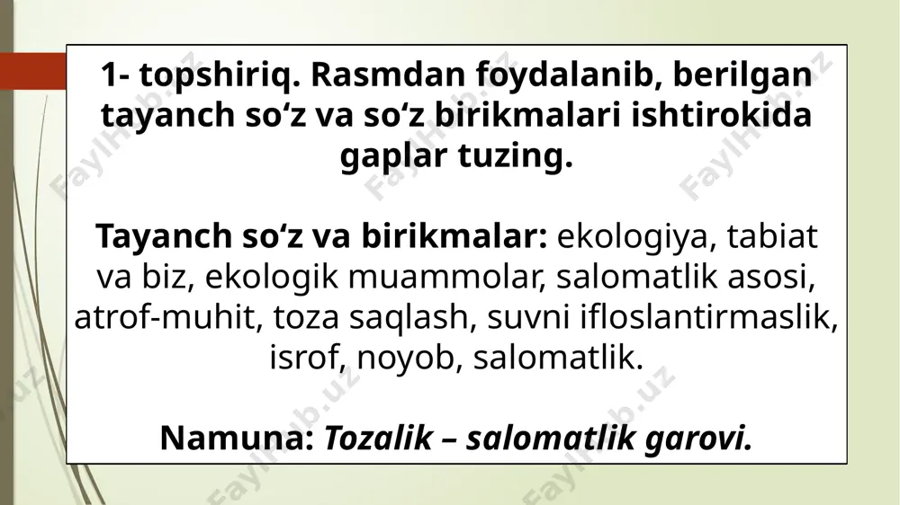 o‘lgan tabiatni, shu bilan birga ekologik madaniyatimizni ham meros qoldiramiz. matn yuzasidan topshiriqlar 1. matnga sarlavha toping. ona tilingizga tarjima qiling. 2. ma’naviy va moddiy boylikni qanday tushunasiz. 3. madaniyatli kishi jumlasiga ta’rif bering. 4. quyidagi jumlani davom ettiring: ekologiyani asrash uchun ... 4-mashq. savollarga yozma ravishda javob bering. 1. turli chiqindilarni daryo va kanallarga oqizilishi nimalarga olib keladi? 2. bugungi kunda suvni qanday tejash kerak? 3. nega suv – hayot manbai deyiladi? 4. ona tabiat inson hayotida qanday o‘rin egallaydi? 5. el-yurtimiz farovon yashashi uchun tabiatga qanday munosabatda bo‘lishimiz kerak? 4-topshiriq. matnni o‘qing, uning mazmuni asosida berilgan savol va topshiriqlarni bajaring. tabiatda go‘yoki yer maydonining muayyan joylari aynan qandaydir xo‘jalik tarmog‘ini joylashtirish uchun yaratilgan ko‘rinadi. har bir joy xo‘jalik va aholini muayyan miqdorda sig‘dira oladi, shunga ko‘ra, undan ortig‘i tabiiy muvozanatni, ekologik vaziyatni buzadi. tabiat muvozanatining buzilishiga, asosan, dunyo iqtisodiyotida ishlab chiqarishning tez rivojlanib borishi, tabiiy boyliklarni keskin o‘zlashtirish …
