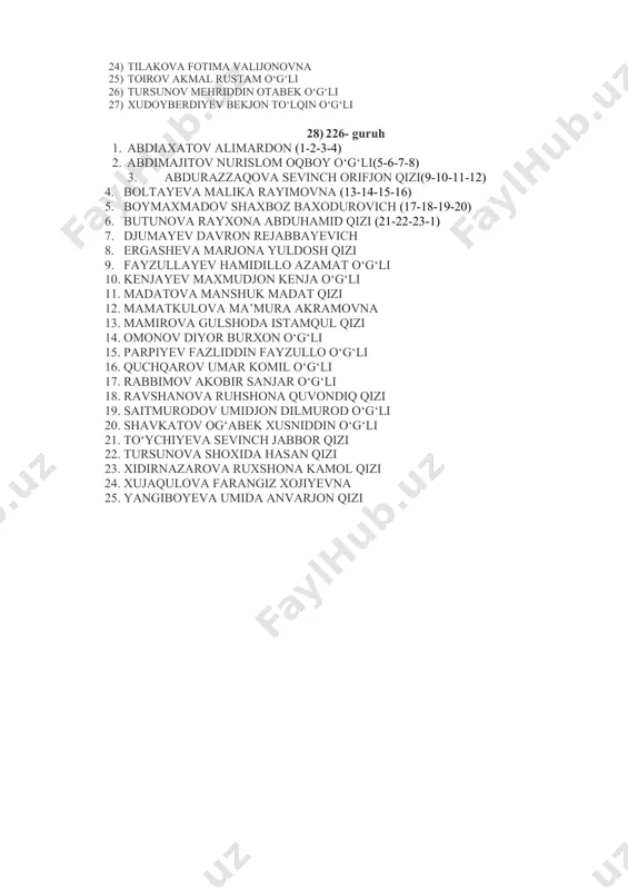 a manshuk madat qizi 12. mamatkulova ma’mura akramovna 13. mamirova gulshoda istamqul qizi 14. omonov diyor burxon o‘g‘li 15. parpiyev fazliddin fayzullo o‘g‘li 16. quchqarov umar komil o‘g‘li 17. rabbimov akobir sanjar o‘g‘li 18. ravshanova ruhshona quvondiq qizi 19. saitmurodov umidjon dilmurod o‘g‘li 20. shavkatov og‘abek xusniddin o‘g‘li 21. to‘ychiyeva sevinch jabbor qizi 22. tursunova shoxida hasan qizi 23. xidirnazarova ruxshona kamol qizi 24. xujaqulova farangiz xojiyevna 25. yangiboyeva umida anvarjon qizi