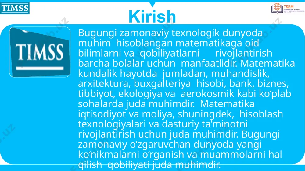 hal qilish kontekstida joylashtirish kerakligini belgilaydi. bu qamrov doirasining boshqa jihatlariga mos keladi va muammolarni hal qilish timss matematikasining asosiy maqsadi ekanligi va ma’lum mavzular bilan bog‘liqligini aniqlaydi. kontekst oralig‘i oddiydan to‘g‘ridan-to‘g‘ri murakkab kengaytirilgan senariylargacha bo‘lishi mumkin, masalan, muammolarni hal qilish va so‘rovnoma topshiriqlarida. shu bilan birga, o‘qish hajmining mumkin bo‘lgan ta’sirini o‘rganish uchun topshiriqlarning kamida 15 foizini kontekstsiz taqdim etish muhimdir. shuningdek, baholashning barcha savollari kognitiv soha - bilish, qo‘llash yoki mulohaza yuritish bo‘yicha tasniflanadi - kontekstda muammolarni hal qilishda 60 dan 65 foizgacha savollar qo‘llash va mulohaza yuritishni talab qiladigan savollar hisoblanadi. . timss matematikaning avvalgi tizimlari kontekstda muammolarni hal qilishga ahamiyat berish darajasi to‘g‘risida aniq ma’lumotga ega emas edi. odatda, muammolarni hal qilish mazmun soha tarkibidagi kamida bitta mavzuning bir qismi sifatida kiritilgan bo‘lib, tarkibdagi ba’zi savollar kontekstda joylashishi kutilayotganligini anglatadi fanga oid sohalarni baholashga mo‘ljallangan mazmun sohasi fikrlash jarayonlarini baholashga mo‘ljallangan kognitiv soha down timss2023 tadqiqoti …