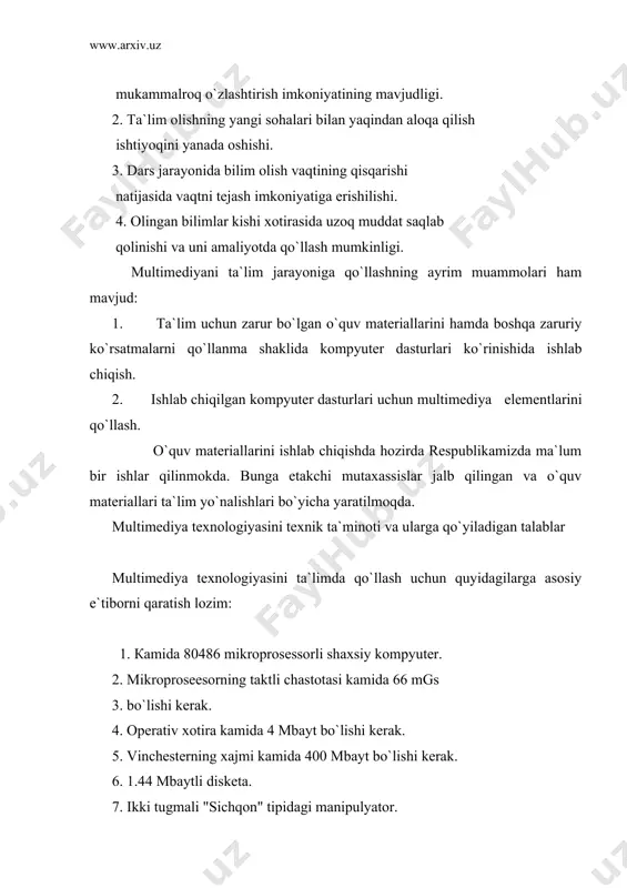 efonlar yoki ovoz kuchaytirgich. 13. 12.кirish va chikish midi porti. 14. 13.mpc (multimedia personal computer) bilan mos keluvchi 15. audioadapter. qayd etilgan talablar kerakli multimediya ilovasini ishini amalga oshirish imkonini beradi. multimediya vositalari bilan ishlash video yoki audio multimediya vositalarini kompyuterda juda ko`p dasturlar orqali ishlatiladi. video, audio bilan ishlovchi dasturlar · windows media player · winamp va boshqalar. windows media player dasturini ishlatishni ko`rib o`tamiz. windows o`rnatilgan barcha kompyuterlarda windows media player dasturi windows bilan birgalikda o`rnatilgan bo`ladi. windows media player dasturini ishga tushirish uchun windows ning pusk tugmasi bosiladi, menyuning programmo` menyu ostining standartno`y qismidan ishga tushiriladi. 3.internetda ishlash internet (international network – xalqaro kompyuter tarmoғi)-butun dunyoni kamrab olgan global kompyuter tarmoғidir. hozirgi kunda internet dunyoning 150 dan ortiq mamlakatlarida 100 m illionlab abonentlarga ega. har oyda tarmoq miqdori 5-10% ortib bormoqda. internet dunyodagi turli xil ma`lumotga oid axborot tarmoqlari o`rtasidagi o`zaro aloqani amalga oshiruvchi yadroni tashkil qiladi. …