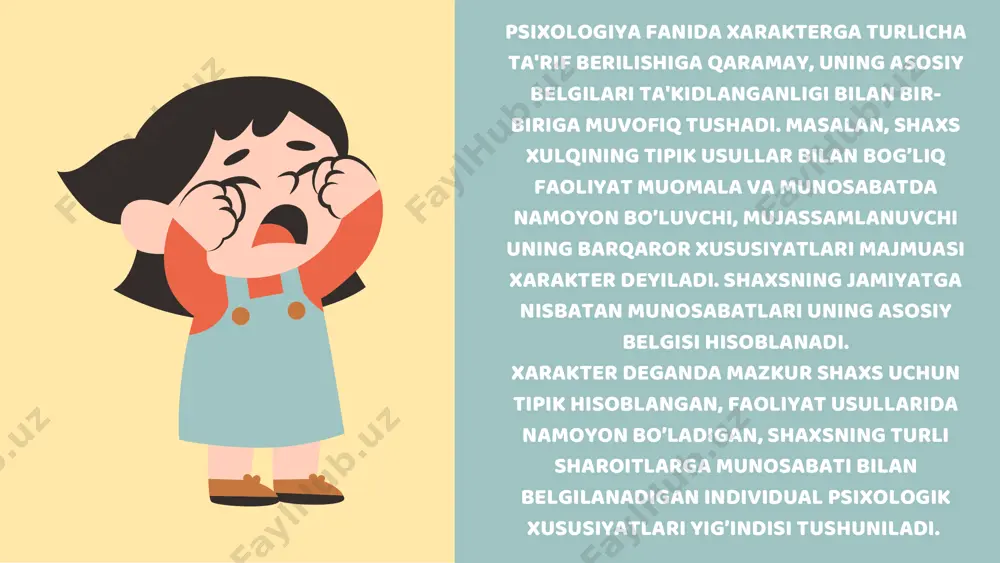 muayyan faoliyat orqali muqarrar javob berishi lozim bo’ladiki, ko’pincha bu faoliyatlar mustahkamlanib, butun hayoti davomida saqlanib qoladi. shu sababli hayvonning batamom tarkib topgan asab faoliyati tipga oid belgilardan tashqari muhit ta'siri ostida hosil bo’lgan o’zgarishlarning qotishmasi-fenotip xarakteridir. xarakter xislatlari kelib chiqishining muhim fiziologik sharoitlaridan biri - xarakter xususiyatlarining fiziologik hamda psixologik jihatdan ifodalanishi o’rtasida o’xshashlik bo’yicha taxminiy xulosa chiqarishdir. ma'lumki, i.p.pavlov ilmiy maktabi materiallarida e'tirof etilishicha, laboratoriya sharoitida ovqatlanish orqali, shuningdek, teriga elektr toki bilan ta'sir qilish tufayli mustahkamlashda aynan bir hayvonda bir xil shartli qo’zg’ovchiga javoban ikki xil dinamik stereotipni hosil qilish mumkin. xarakter stereotiplar va so’lak ajralishidan iborat ijobiy va tormozlanish shartli reaksiyalari bilan javob qaytaradi. teriga elektr toki bilan ta'sir qilish sharoitda esa qo’zg’ovchilarning o’ziga mudofaa harakatlari stereotiplari reaksiyasi bilan javob beradi. bu hodisalar negizida yotgan fiziologik mexanizm ko’chirish mexanizmi deyiladi. ko’chirish mexanizmining mohiyati shuki, sharoitga bog’liq tarzda markaziy nerv sistemasida har xil funksional holat paydo bo’ladi, …