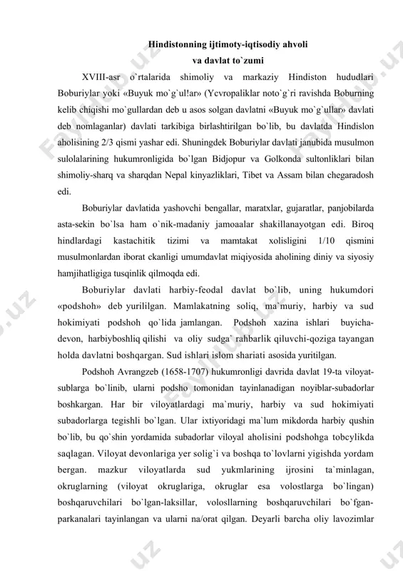 ubadorlarga tegishli bo`lgan. ular ixtiyoridagi ma`lum mikdorda harbiy qushin bo`lib, bu qo`shin yordamida subadorlar viloyal aholisini podshohga tobcylikda saqlagan. viloyat devonlariga yer solig`i va boshqa to`lovlarni yigishda yordam bergan. mazkur viloyatlarda sud yukmlarining ijrosini ta`minlagan, okruglarning (viloyat okruglariga, okruglar esa volostlarga bo`lingan) boshqaruvchilari bo`lgan-laksillar, volosllarning boshqaruvchilari bo`fgan-parkanalari tayinlangan va ularni na/orat qilgan. deyarli barcha oliy lavozimlar musulmonlar qo`lida bo`lib, ularni ijtimoiy va etnik kelib chiqishi turli xil bo`lgan. hukmdorlar. harbiy boshliqlar va bir qism oddiy harbiy askarlar turkiylardan, qo`shin askarlarining ko`pchiligi afgonlardan iborat bo`lib. ma`muriyatda shia mazhabiga e`tiqod etuvchi eroniylar va ruhoniysar orasida esa arablar ko`pchilikni tashqii qilgan. podshoh mamlakatdagi barcha yerlarning oliy feodal mulkdori bo`lgan. shu sababli ishlov beriladigan hamma yerlardan davlat foydasiga soliq va majburiyatlar yig`ilgan. yerlarning kata qismi jag`ir, zamindor, in`om va vakf kabi feodal yer mulklaridan iborat bo`lgan. jag`irlarning egalari-jagirdorlar deb atalgan, ular feodallarning hukumron qatlamini lashkil qilganlar. bular harbiy boshliqlar bo`lib, davlat oldidagi xizmatlari uchun …