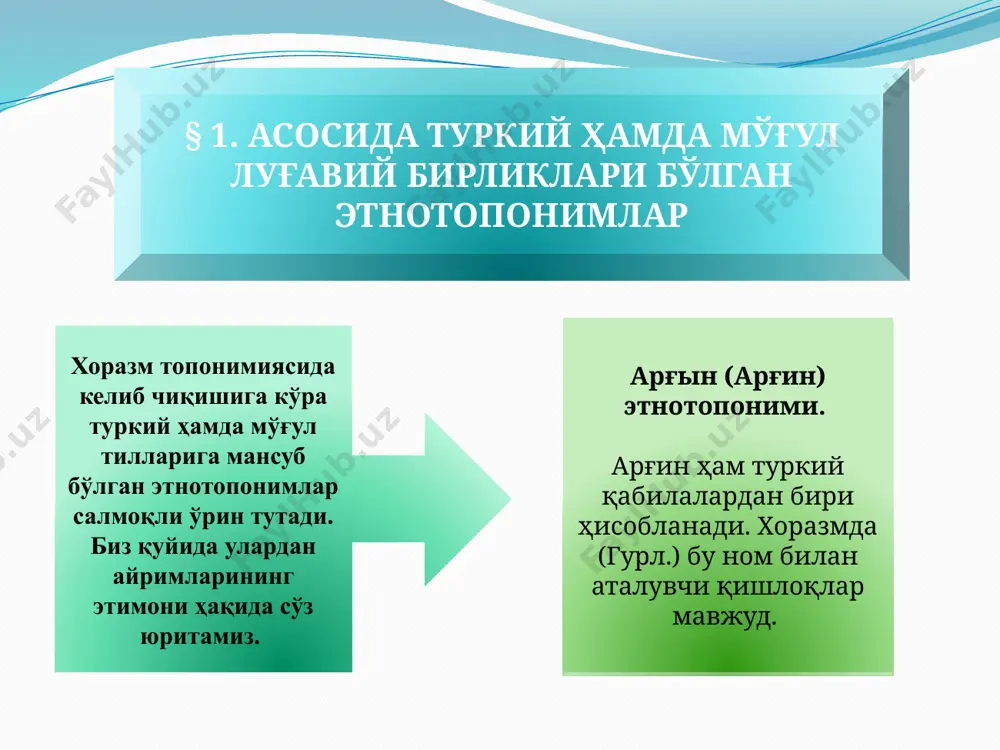 хиридаги -т аффикси эса кишилар гуруҳининг жамлигини, кишилар жамоасини билдирган. агар ҳақиқатан ҳам қўнғир сўзи хун керей сўзидан келиб чиққан бўлса, барча жойларда қўнғир атамаси худди шундай талқин қилиниши керак эди. ҳолбуки, т.нафасовнинг ўзи бошқа бир ўринда қўнғирот топонимини ўзгача таҳлил қилади. энди бу ерда ушбу сўзни мўғулча хонхор-чуқурлик, пастлик, хандақ маъносидаги сўз билан боғлайди. шундай экан, мазкур этнонимнинг ранг билдирувчи сўз билан боғланиши анча ишончлидир. шунингдек, хаза:рыс (ҳазорасп) этнотопонимининг этимони ҳақида ҳам турли фикрлар мавжуд. афғонларда ҳазора деган уруғ бўлиб, улар буни эронийлар ва мўғулларнинг қўшилишидан ҳосил бўлган дейдилар. кейинги этнографик ва археологик текширишлардан маълум бўлишича, хазарларнинг бир қисми кейинчалик туркман халқи таркибига қўшилиб кетган. уларнинг хоразмда ўрнашиб қолганлиги ҳақида ҳам тарихий маълумотлар бор. айрим олимлар ҳазорасп номини икки қисмга бўлиб текширадилар. яъни, афсонага кўра, уни ҳазор "минг", асп "от" дейдилар. бу ном хакида ю.жуманазаров шундай ёзади: "ҳазорасп номи асосида қабила номи ётади, яъни бу ҳазора-ос бўлиб, "ос қабиласи" …
